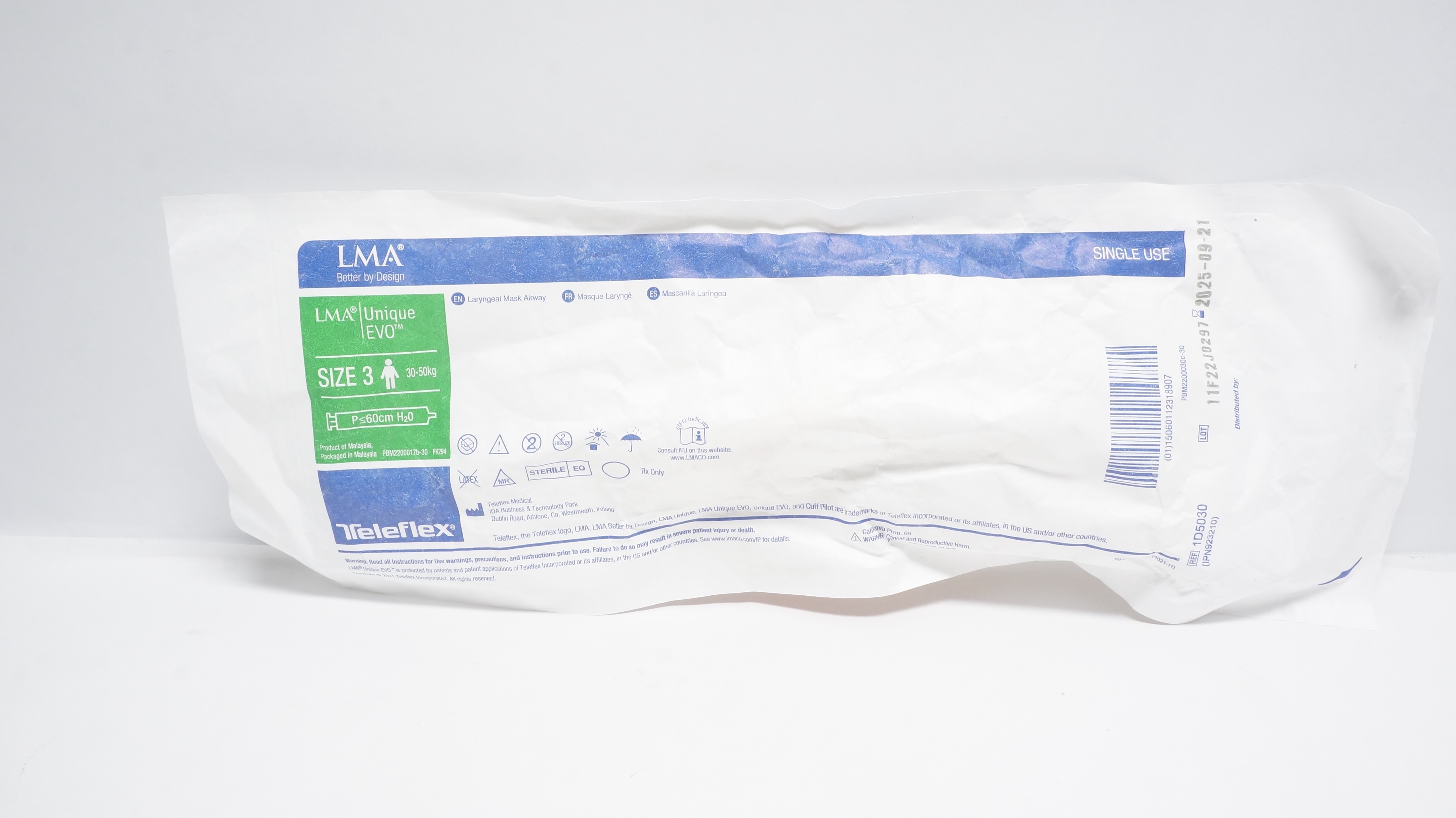 Teleflex 1D5030 LMA Unique EVO Laryngeal Mask Airway, Size 3, 30-50kg (x)