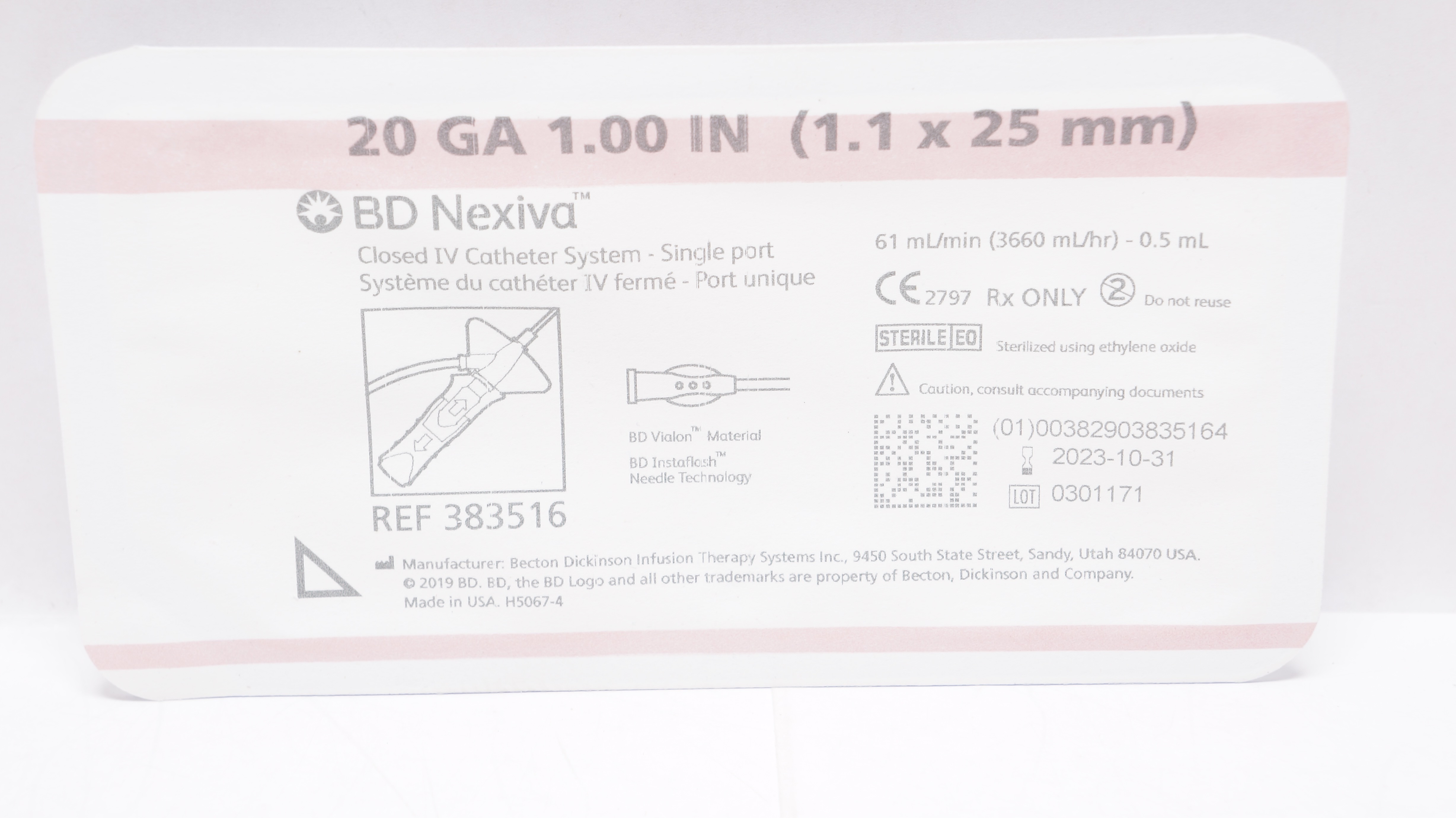 BD 383516 Nexiva Clodsed IV Cath. System 20GA x 1.00inch 61mL/min (x)