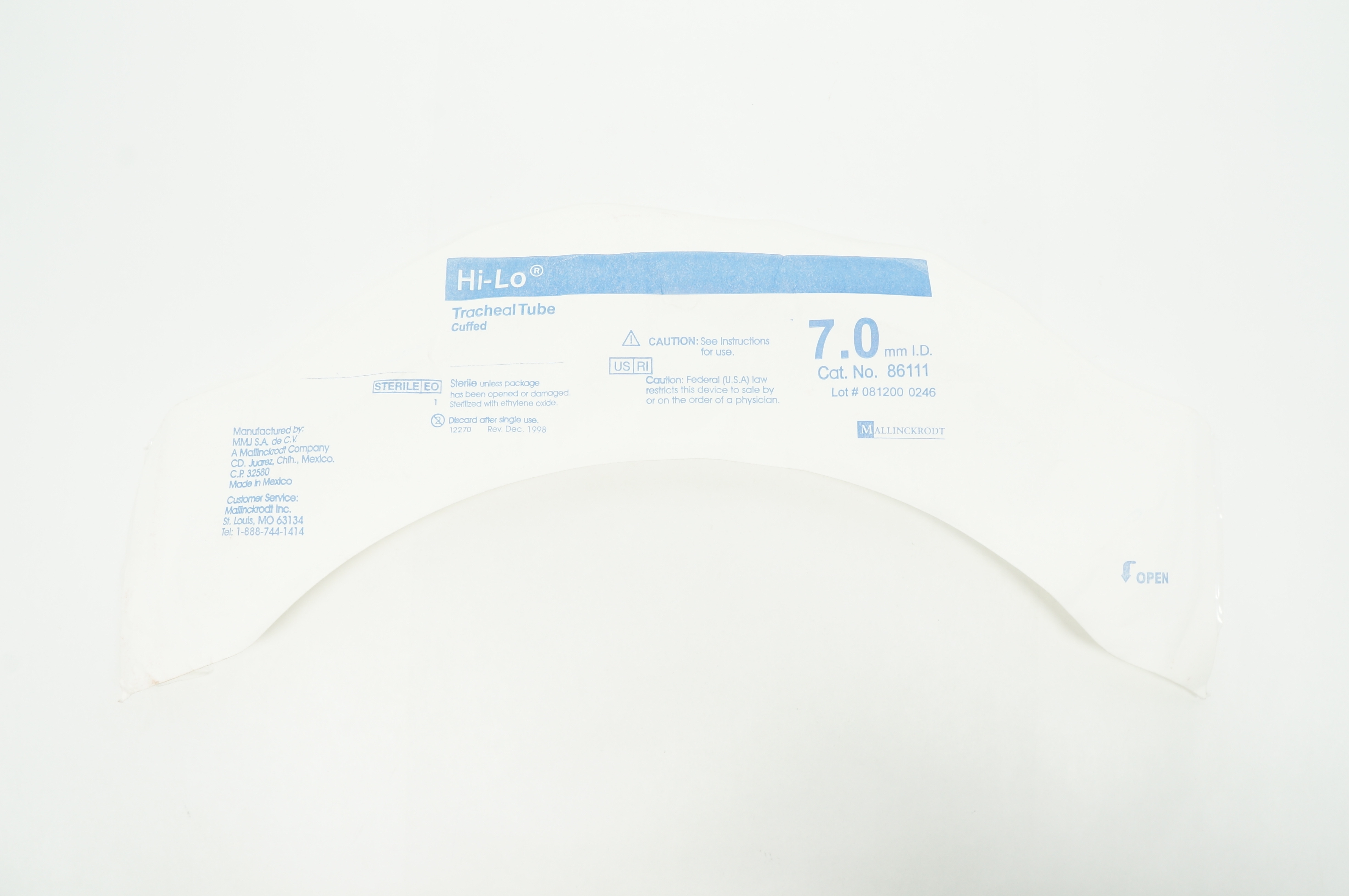 Mallinckrodt 86111 Hi-Lo Cuffed Tracheal Tube 7.0mm ID