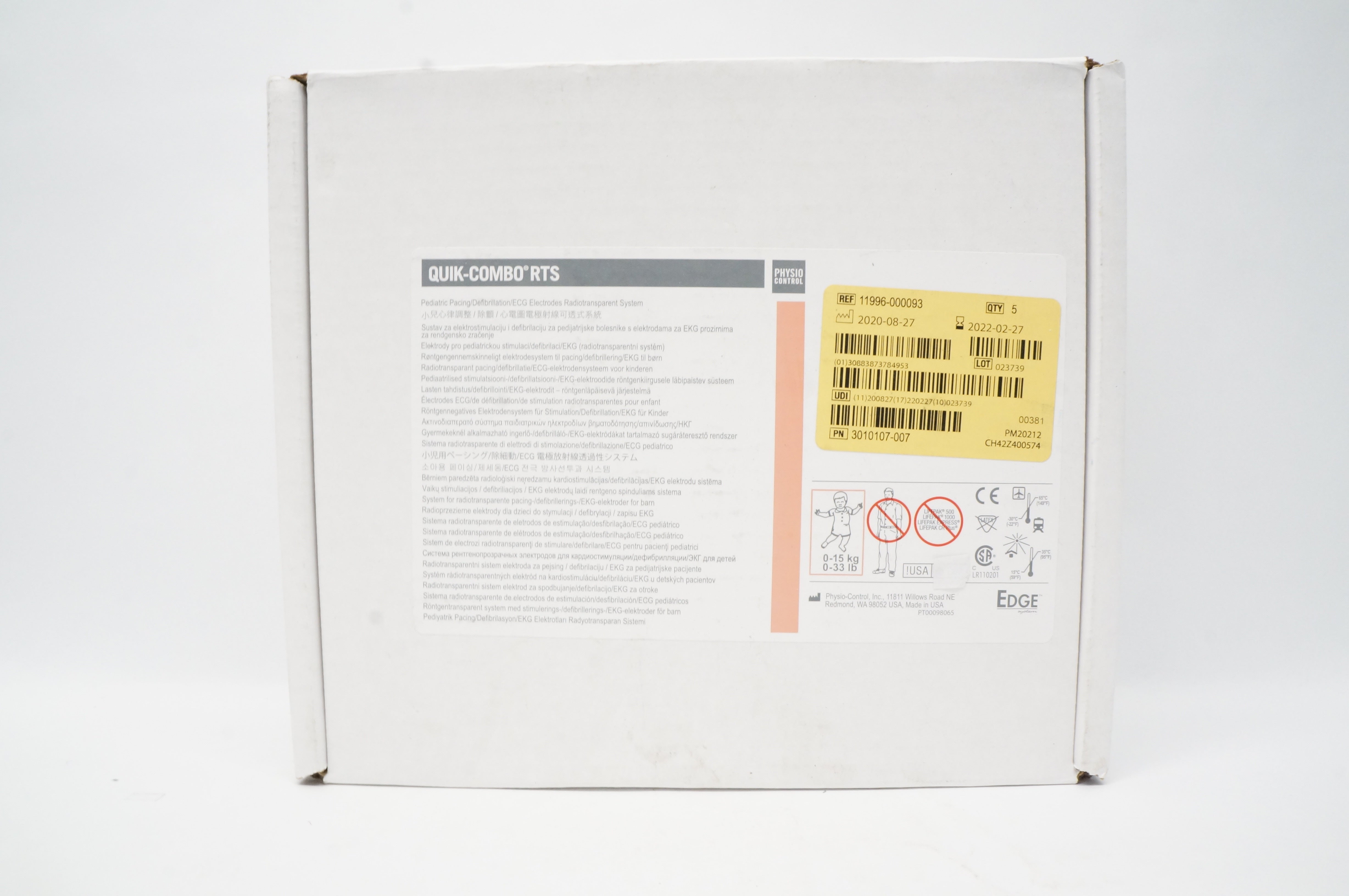 Physio Control 11996-000093 Quik-Combo RTS, ECG Electrodes 0-33lb. - Box of 5