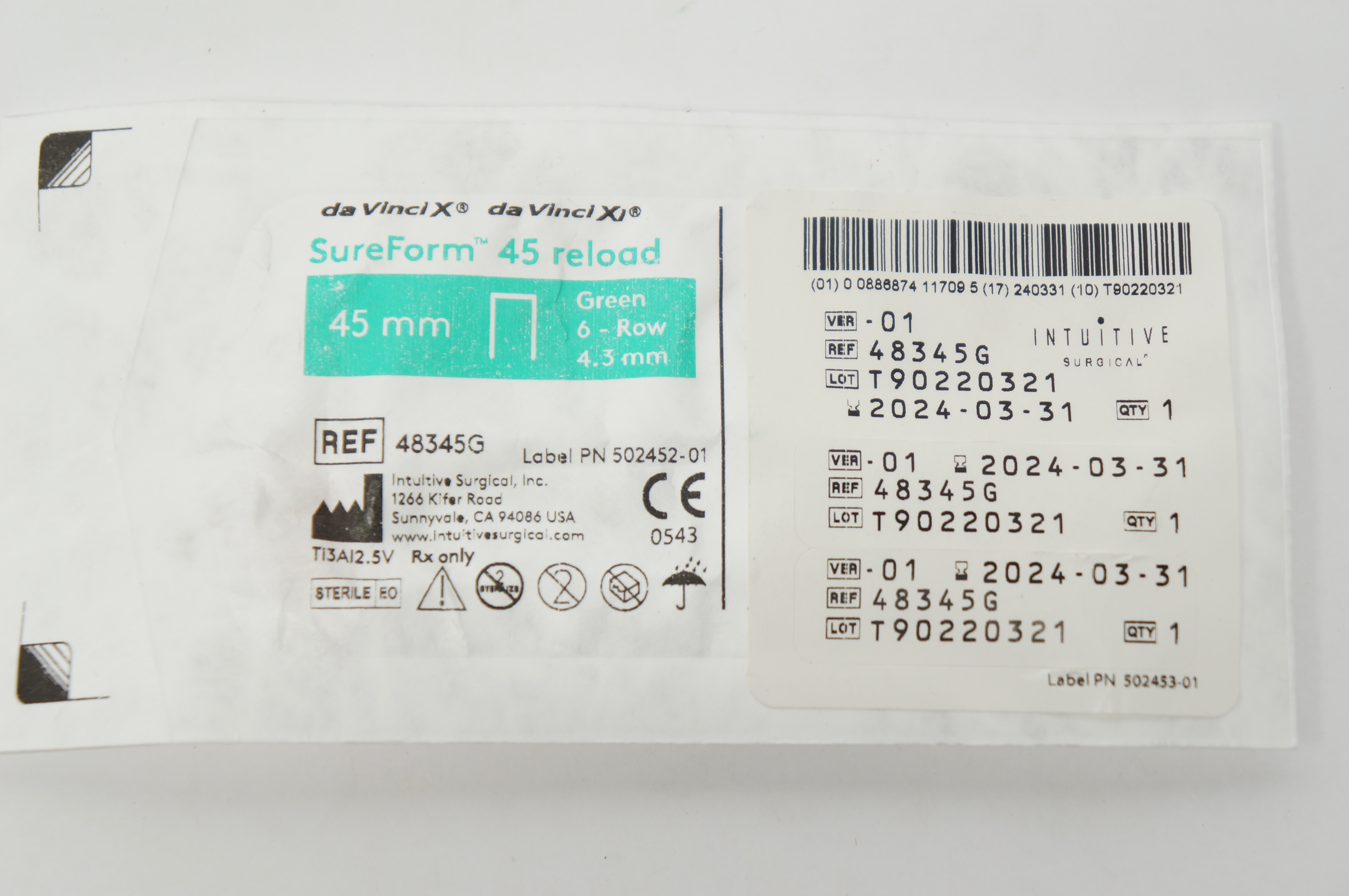 Intuitive 48345G da Vinci X, Xi SureForm Stapler 45mm Reload Green 6Row 4.3mm(x)