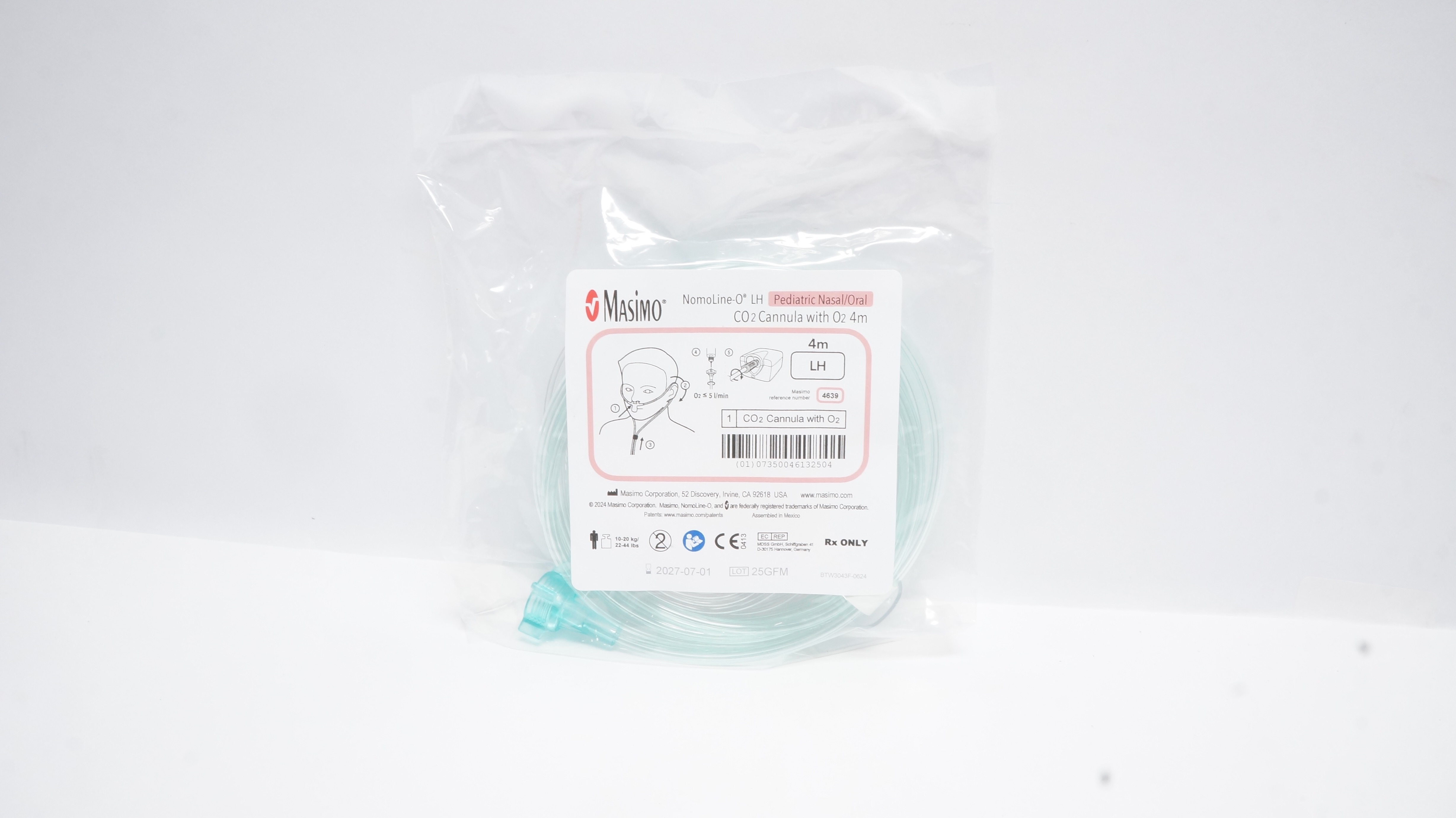 Masimo 4639 NomoLine-O LH Pediatric Nasal/Oral CO2 Cannula W/O2 4m, 10-20kg