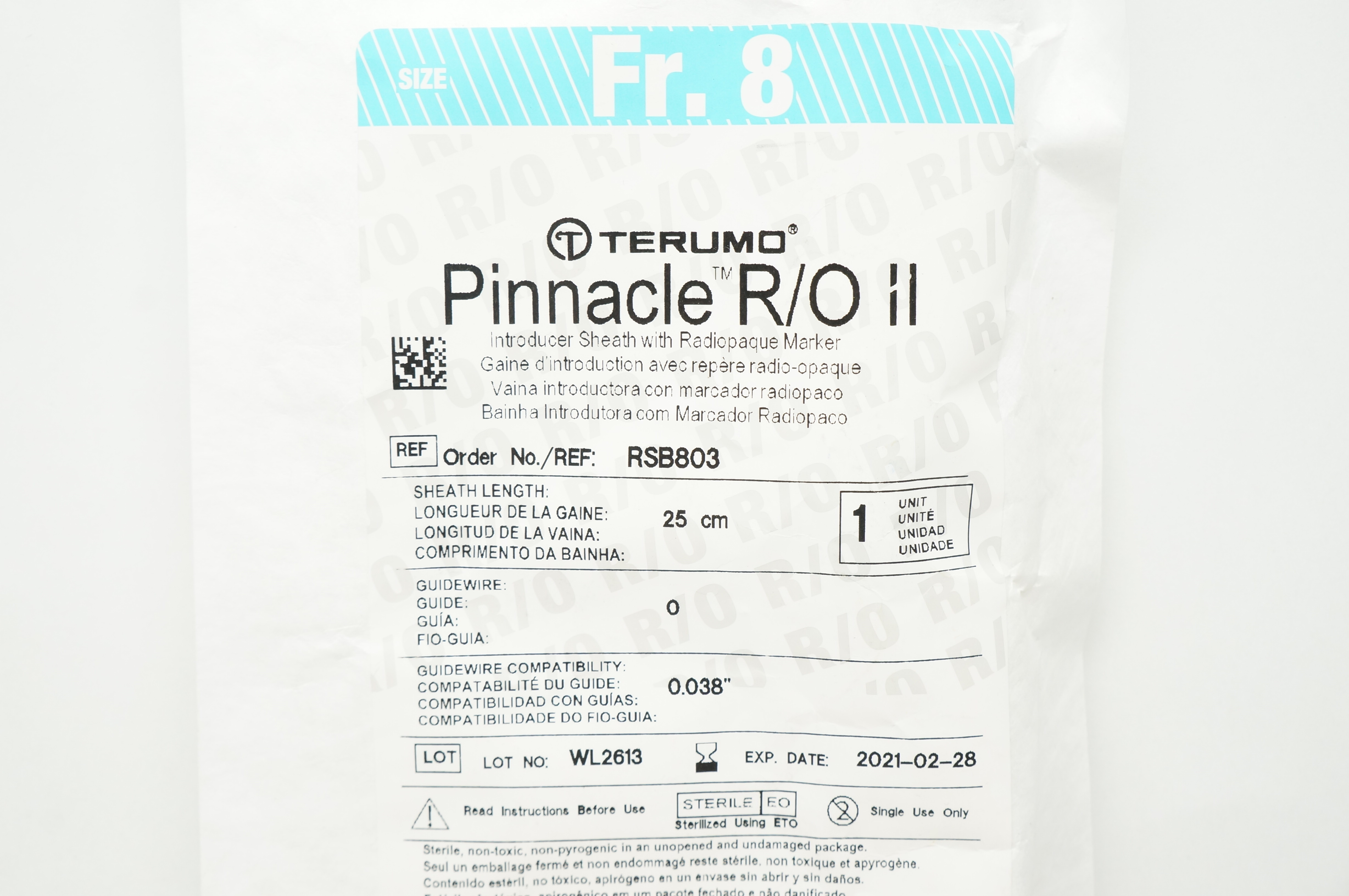 Terumo RSB803 Pinnacle R/O II Introducer Sheath 8 Fr x 25 cm x 0.038 inch (x)
