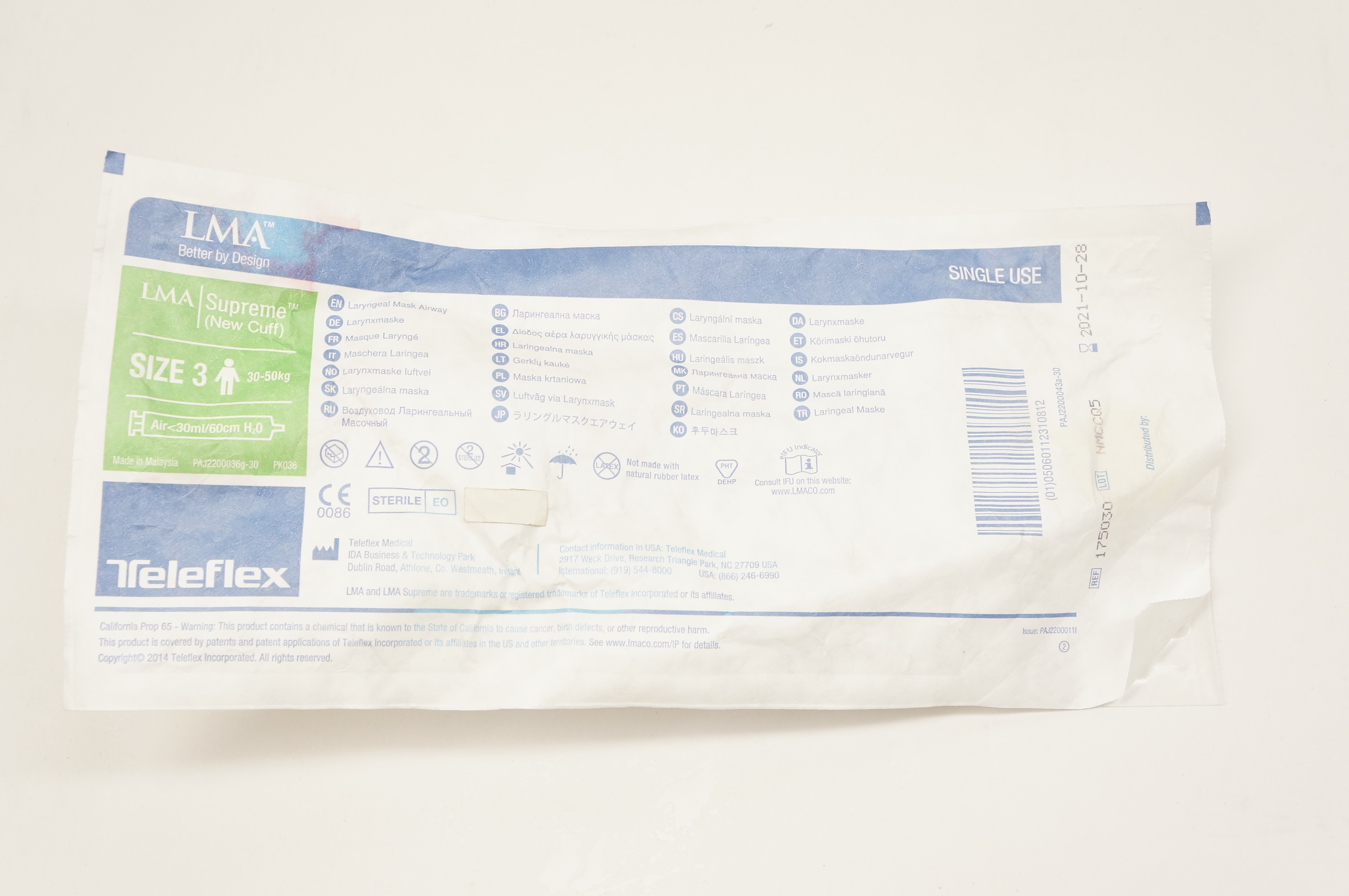 Teleflex 175030 LMA Supreme Laryngoscope Mask Airway, Size 3 30-50kg (x)