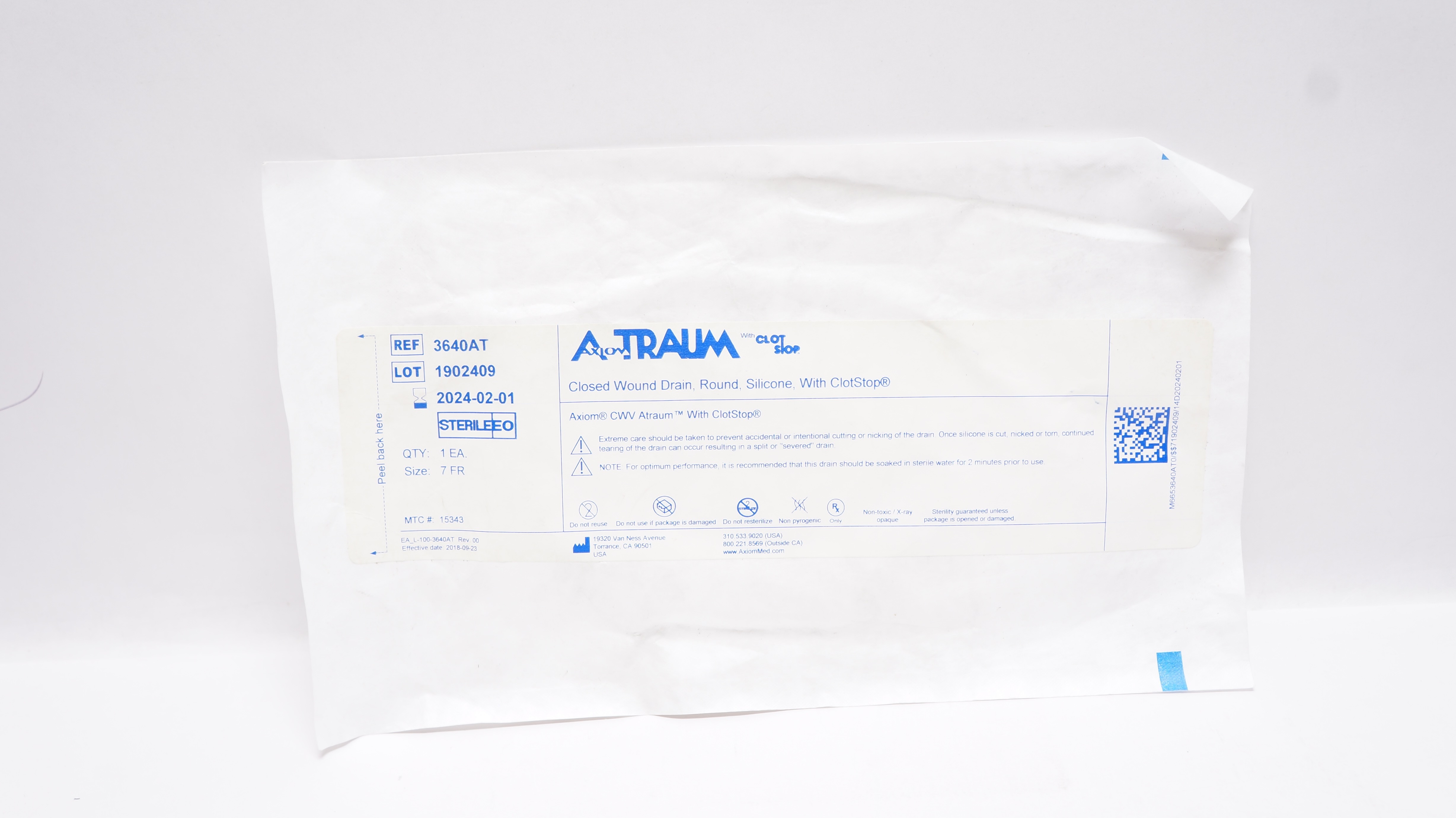Axiom Traum 3640AT CWV Closed Wound Drain, Round Silicone 7Fr (x)