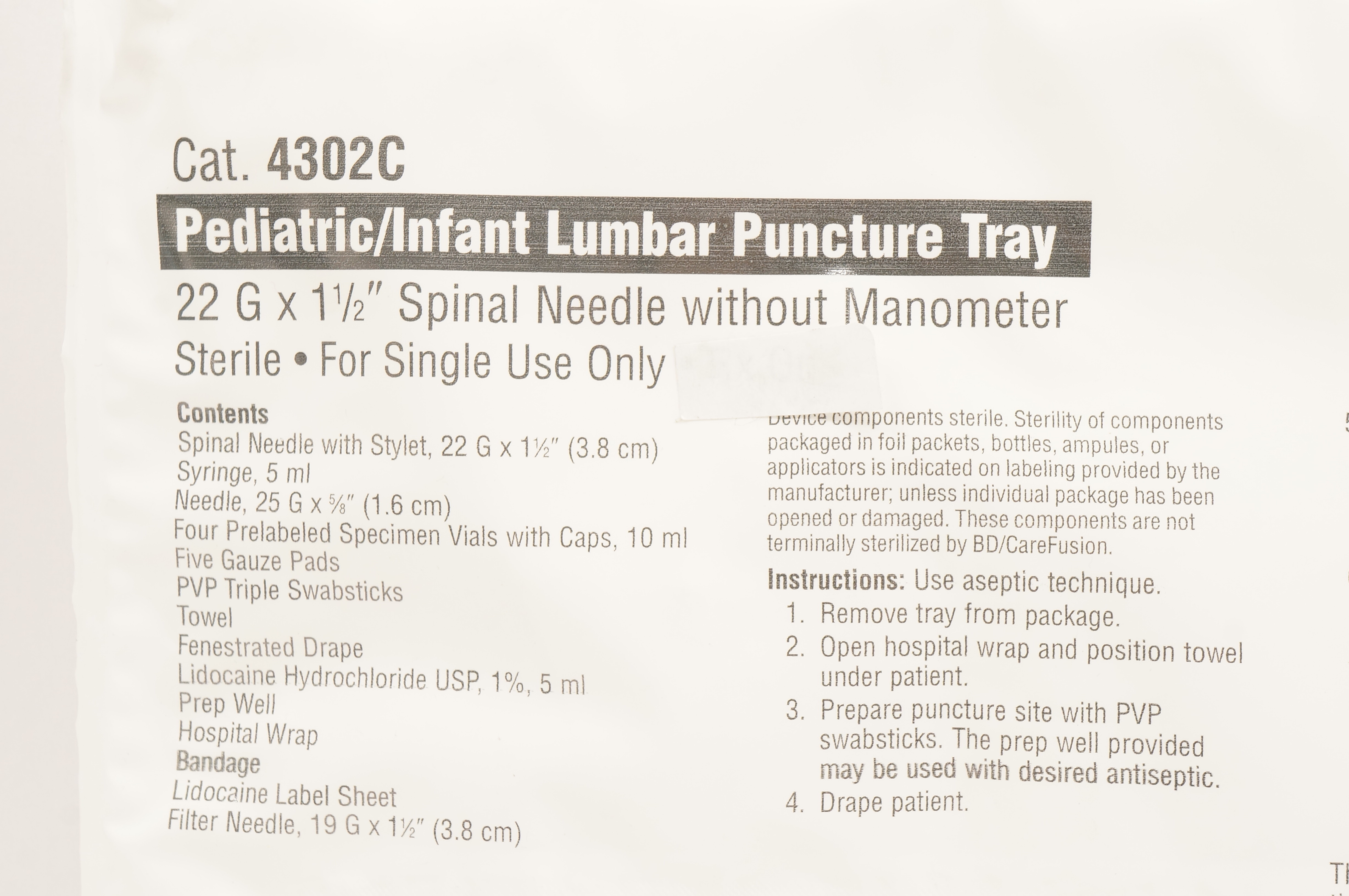 CareFusion 4302C Pediatric/Infant Lumbar Puncture Tray w/Ndle 22G x 1-1/2inch(x)