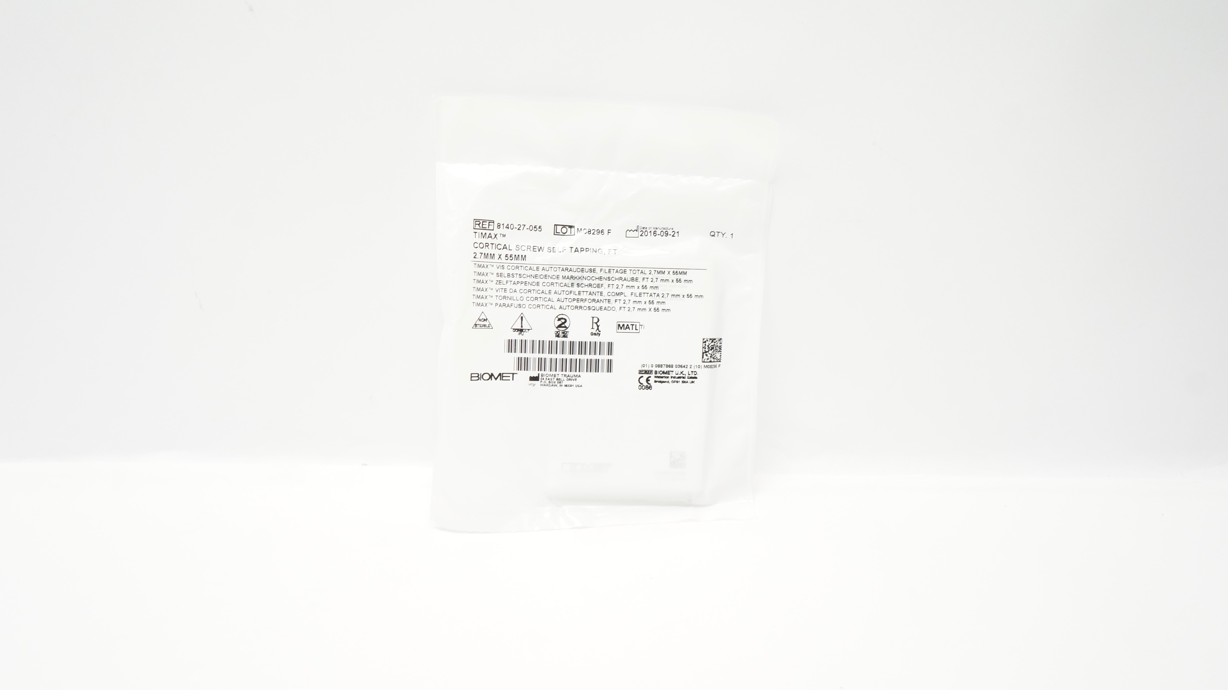 Biomet 8140-27-055 Cortical Screw Self Tapping, FT, 2.7mm x 55mm