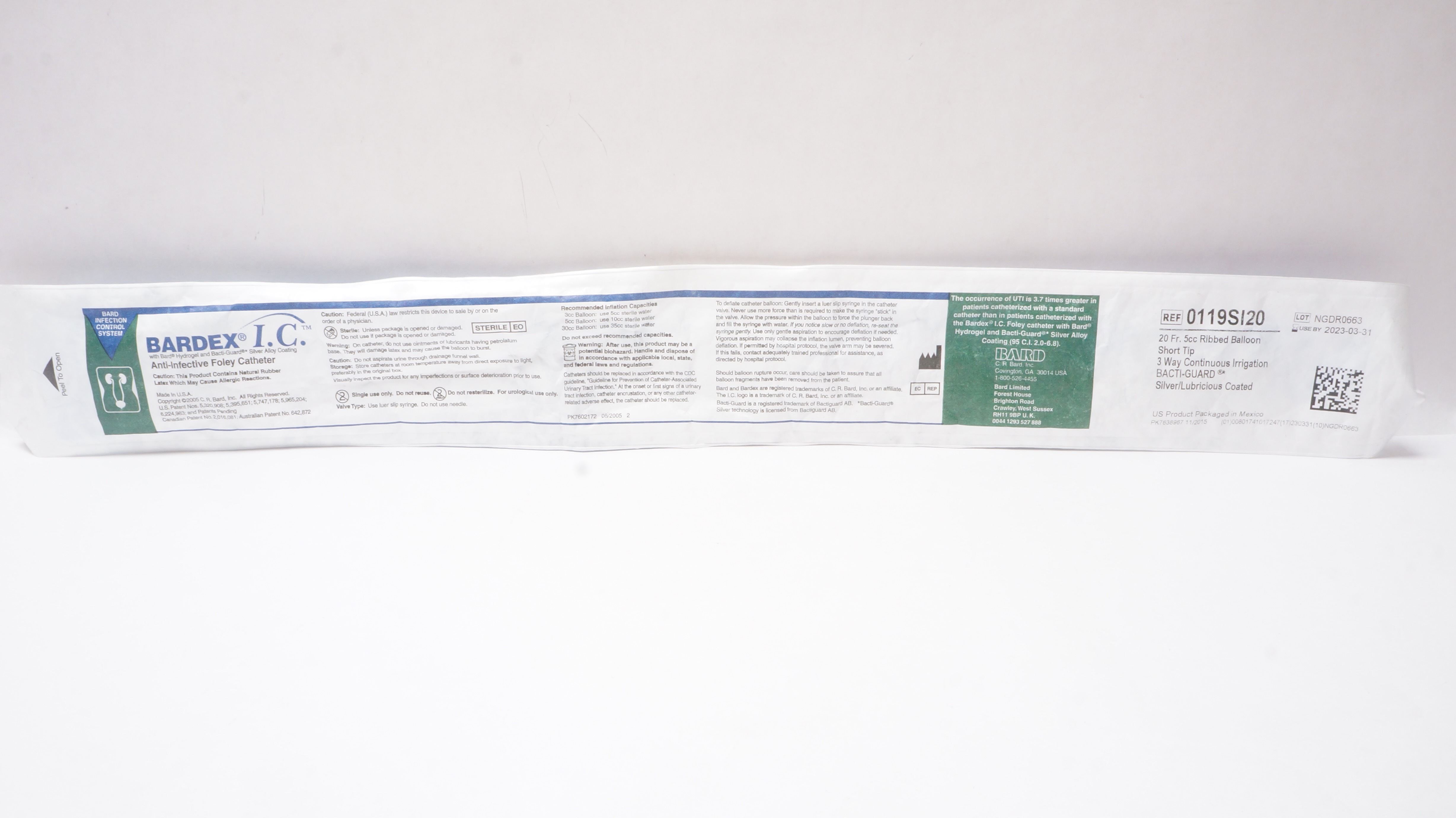 Bard 0119SI20 Bardex I.C. Anti-Infective Foley Cath. 20Fr 5cc Ribbed Balloon (x)