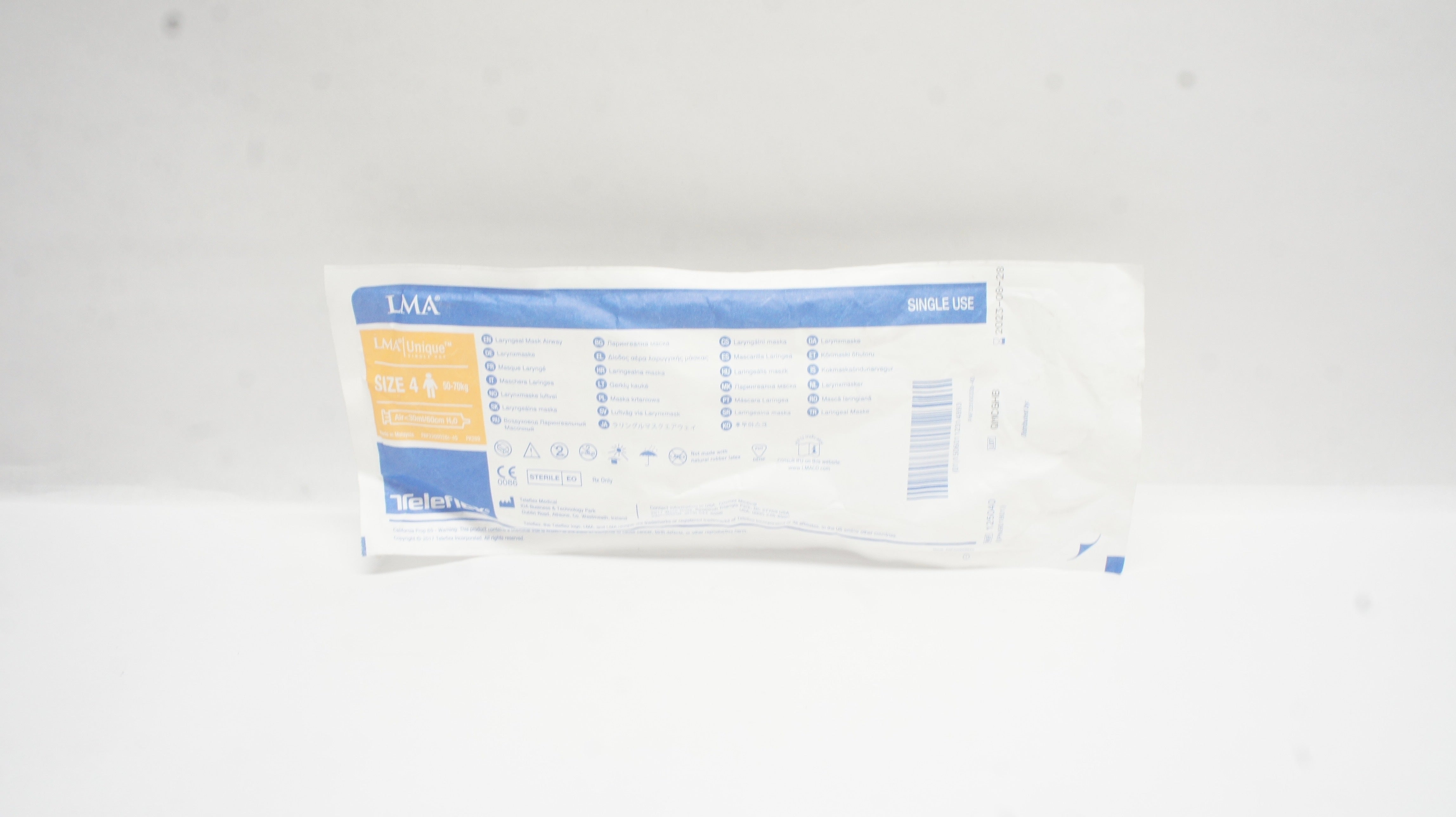 Teleflex 125040 LMA Laryngeal Mask Airway Size 4 50-70kg Air <30ml/60cm H2O