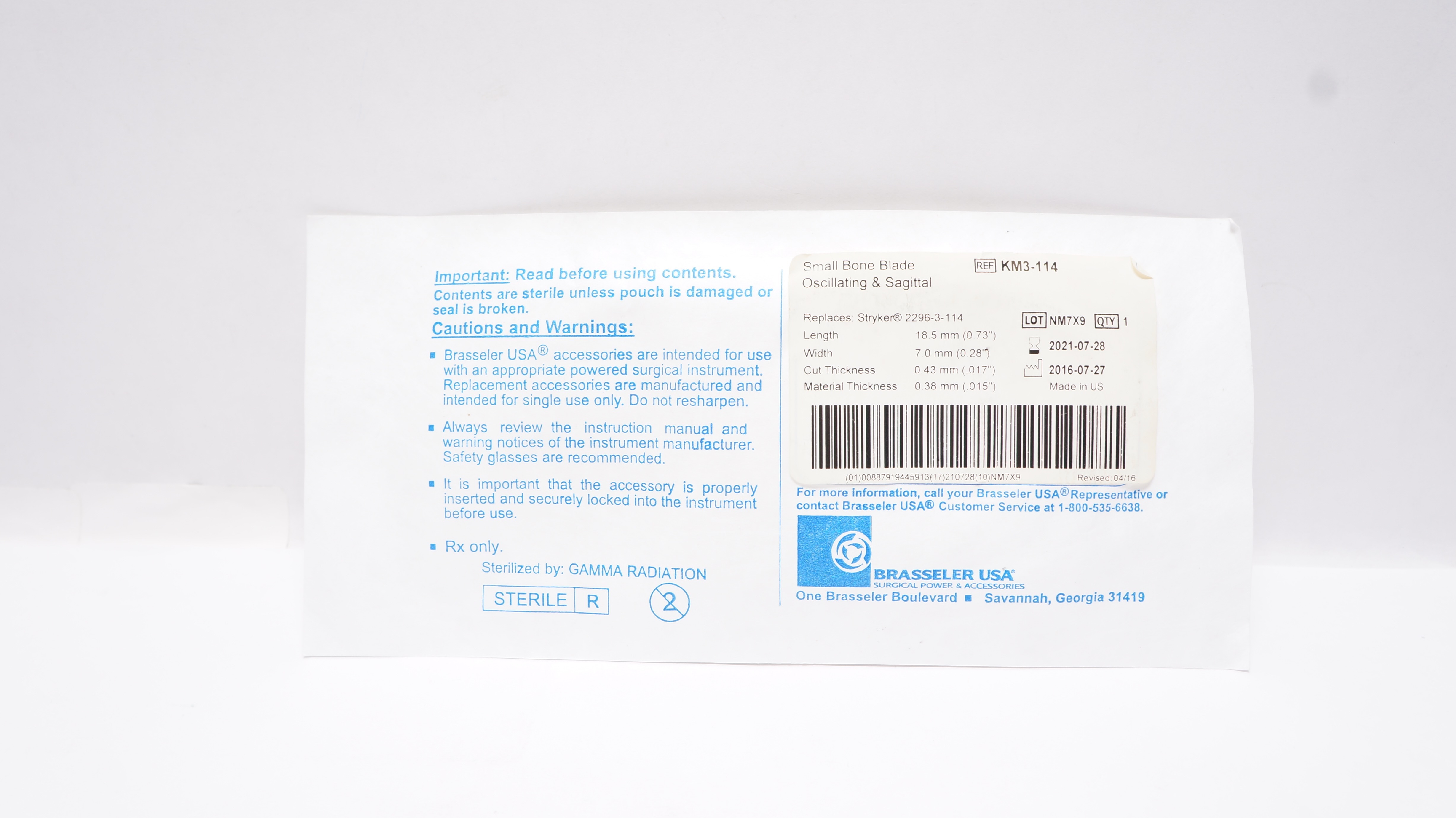 Brasseler KM3-114 Small Bone Blade Oscillating & Sagittal 0.73 x 0.28 inch (x)
