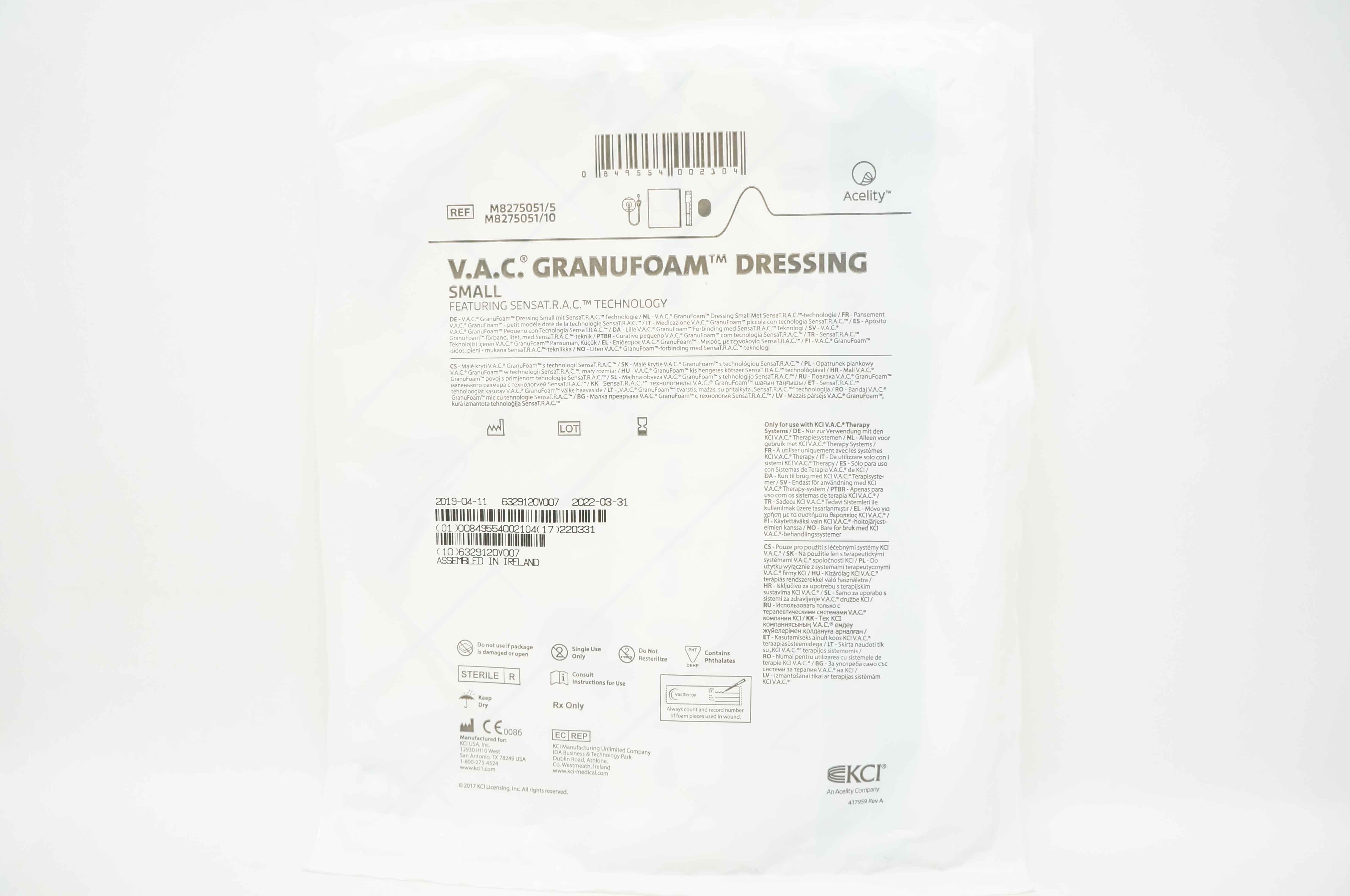 KCI M8275051/5 V.A.C. Granufoam Dressing Featuring SENSAT.R.A.C. Technology S