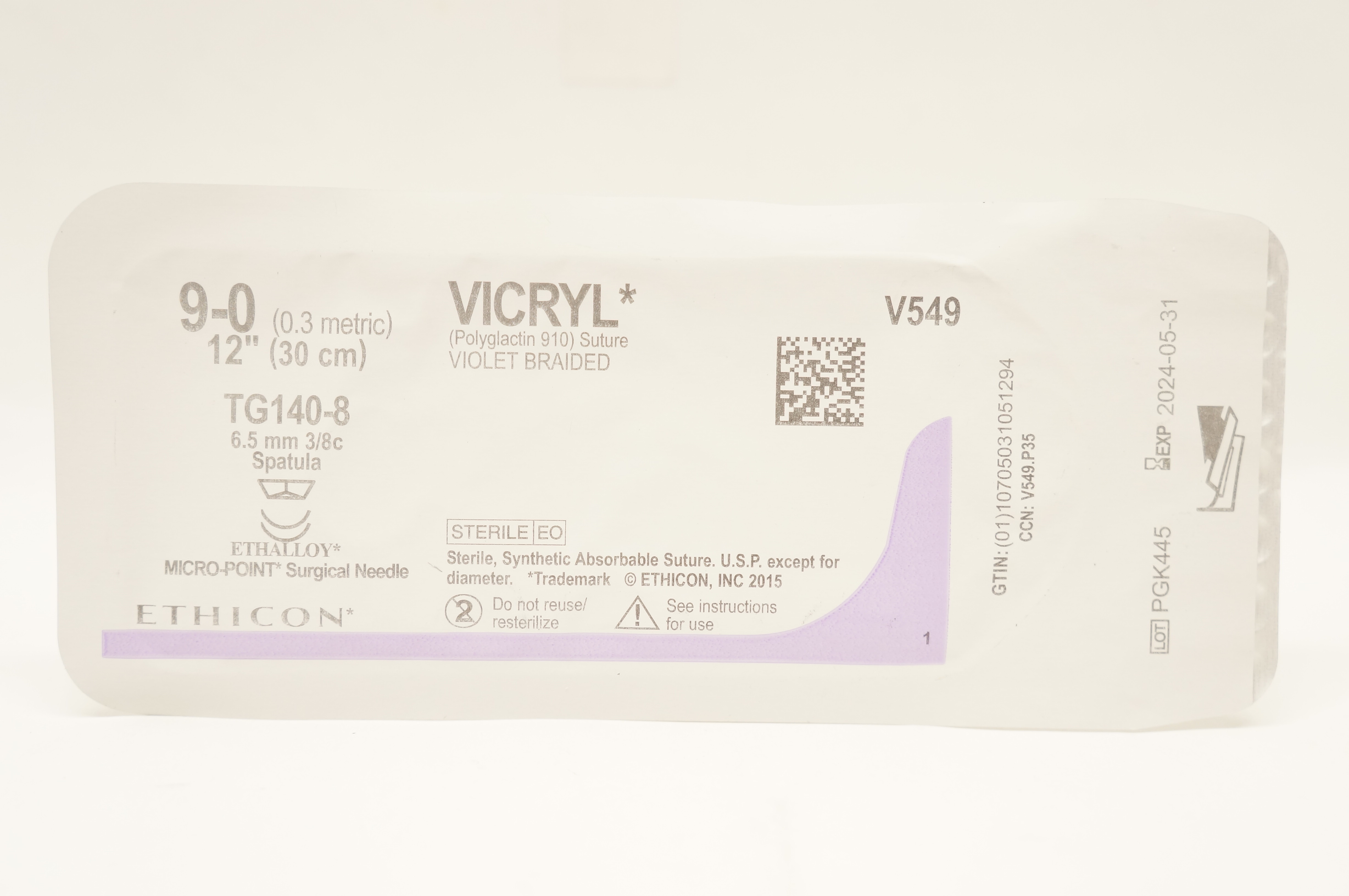 Ethicon V549 9-0 VICRYL TG140-8,  6.5mm 3/8c Spaula, 12inch