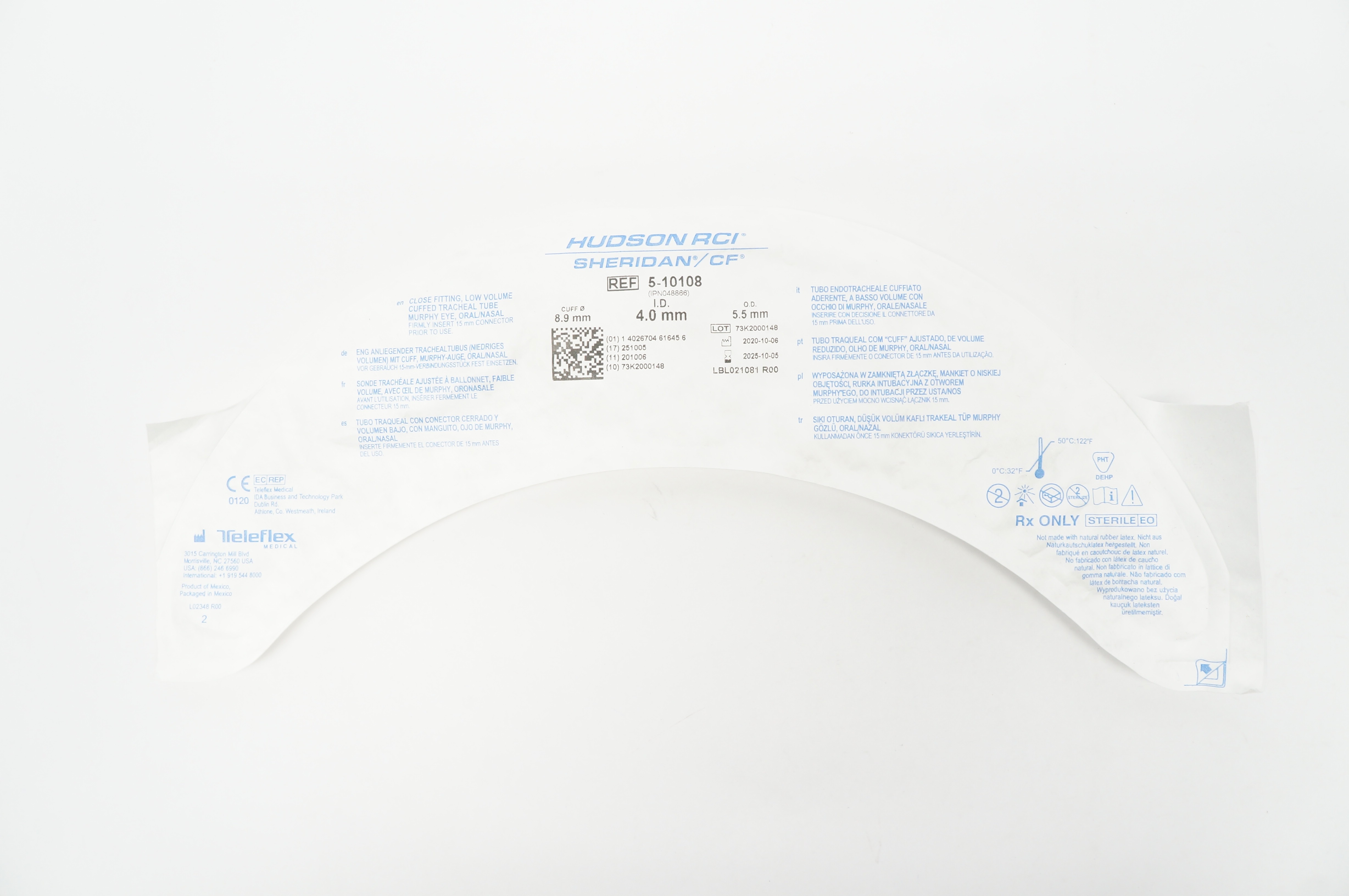 Teleflex 5-10108 Hudson RCI Sheridan CF Tracheal Tube 8.9mm x 4.0mm