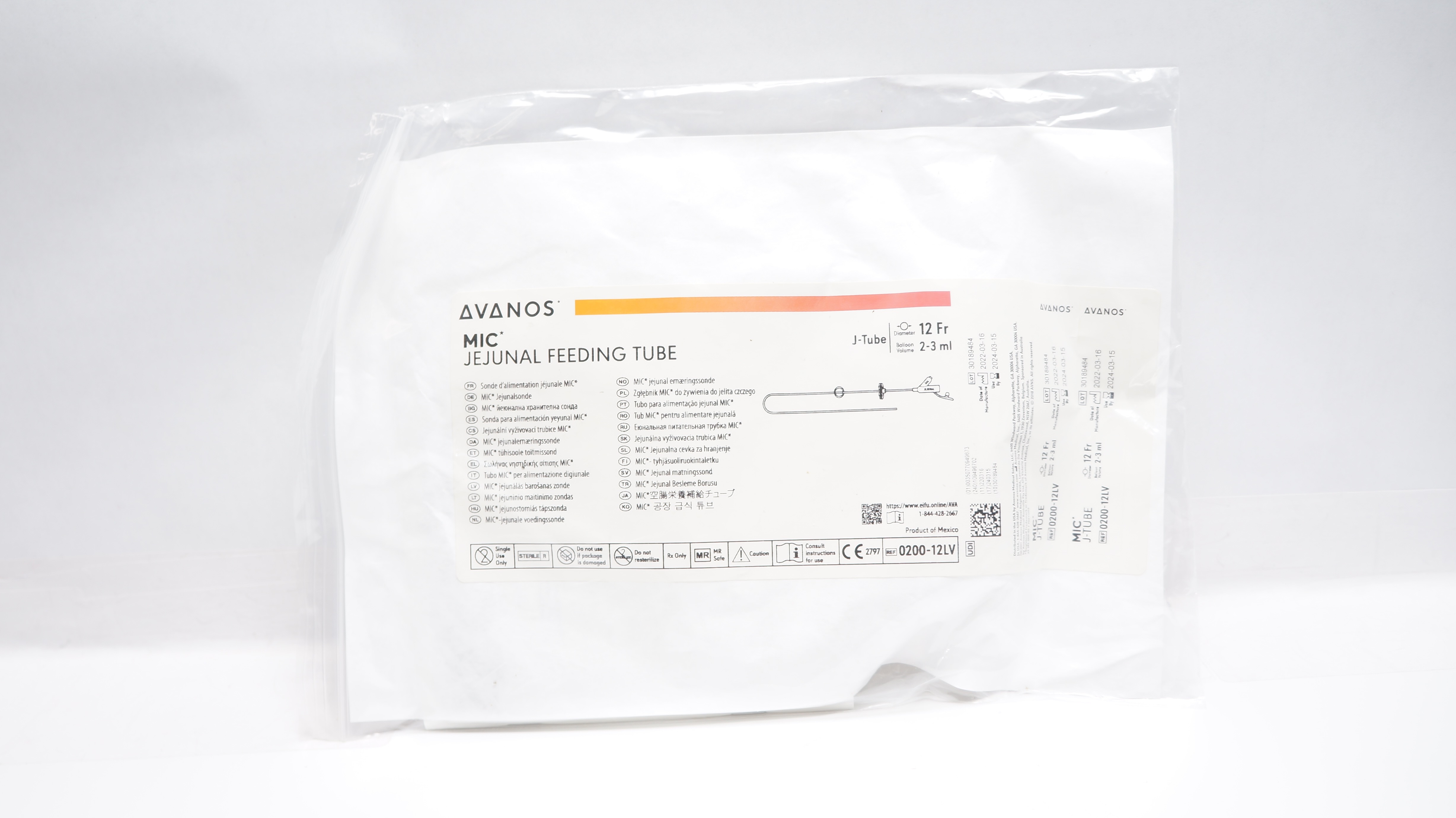 Avanos 0200-12LV MIC Jejunal Feeding Tube J-Tube 12Fr x 2-3ml (x)