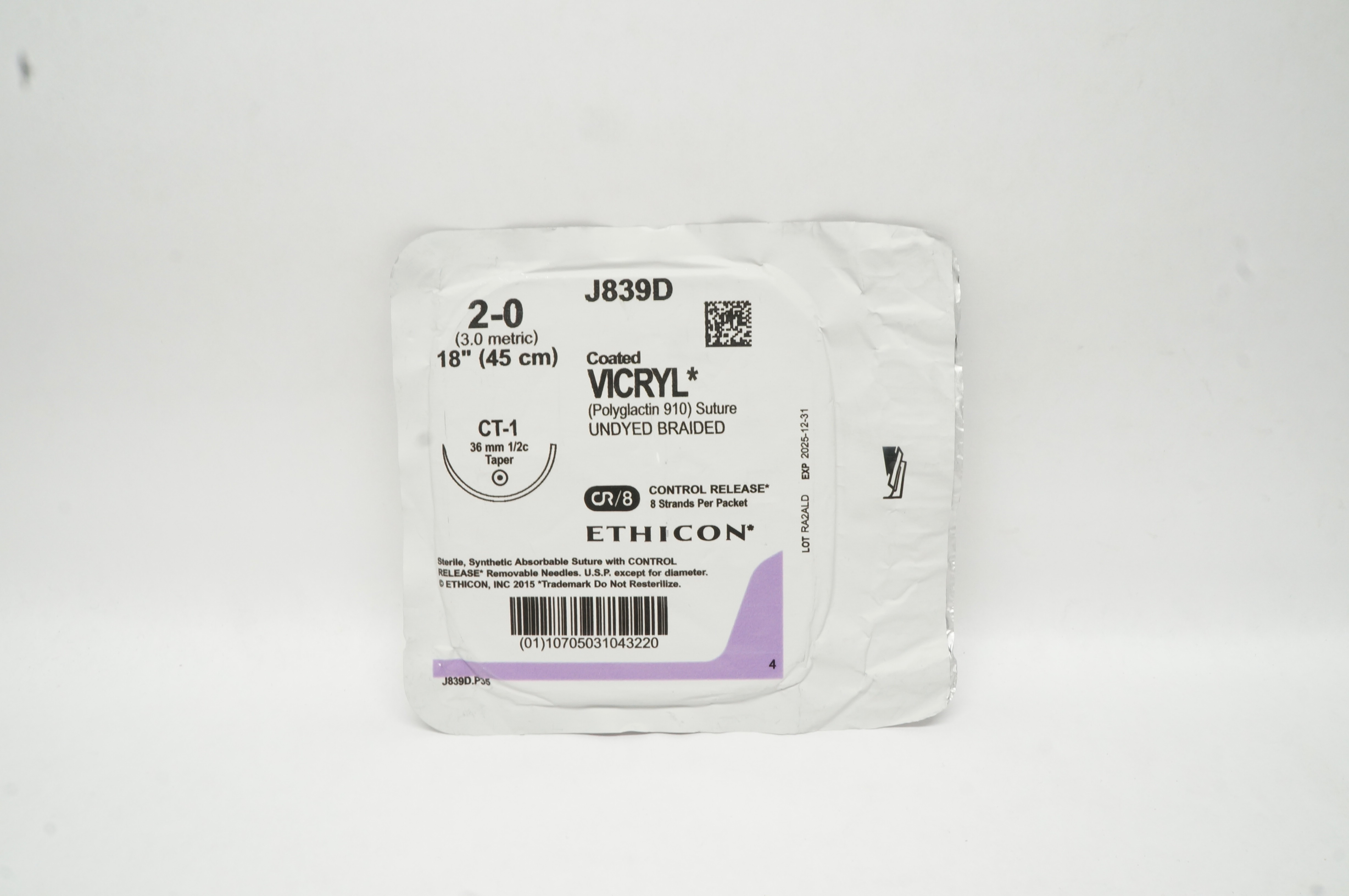 Ethicon J839D 2-0 Coated VICRYL Stre CT-1 36mm 1/2c Taper 18 inch