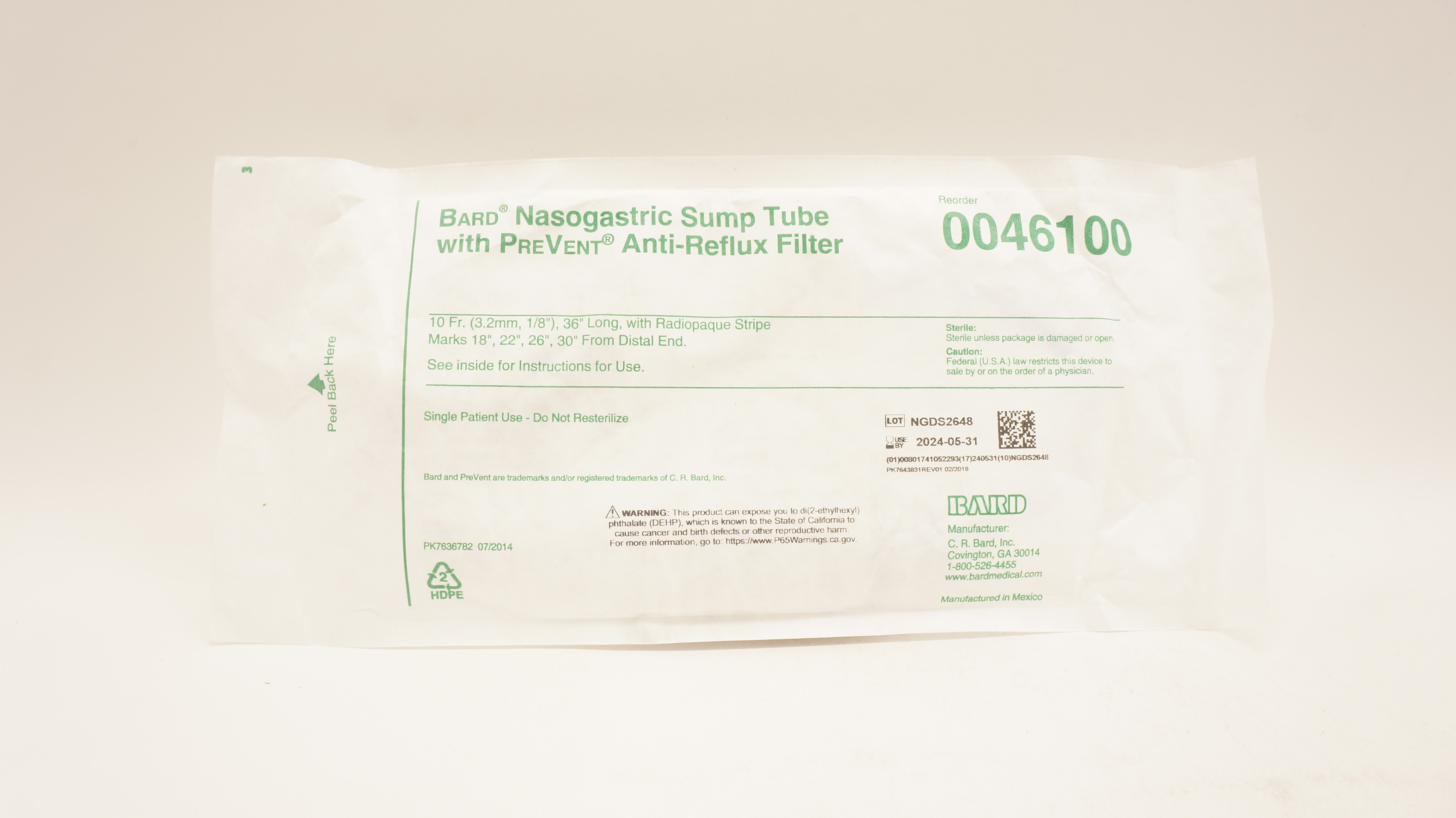 Bard 0046100 Nasogastric Sump Tube with PreVent Anti-Reflux Filter 10Fr x 36inch