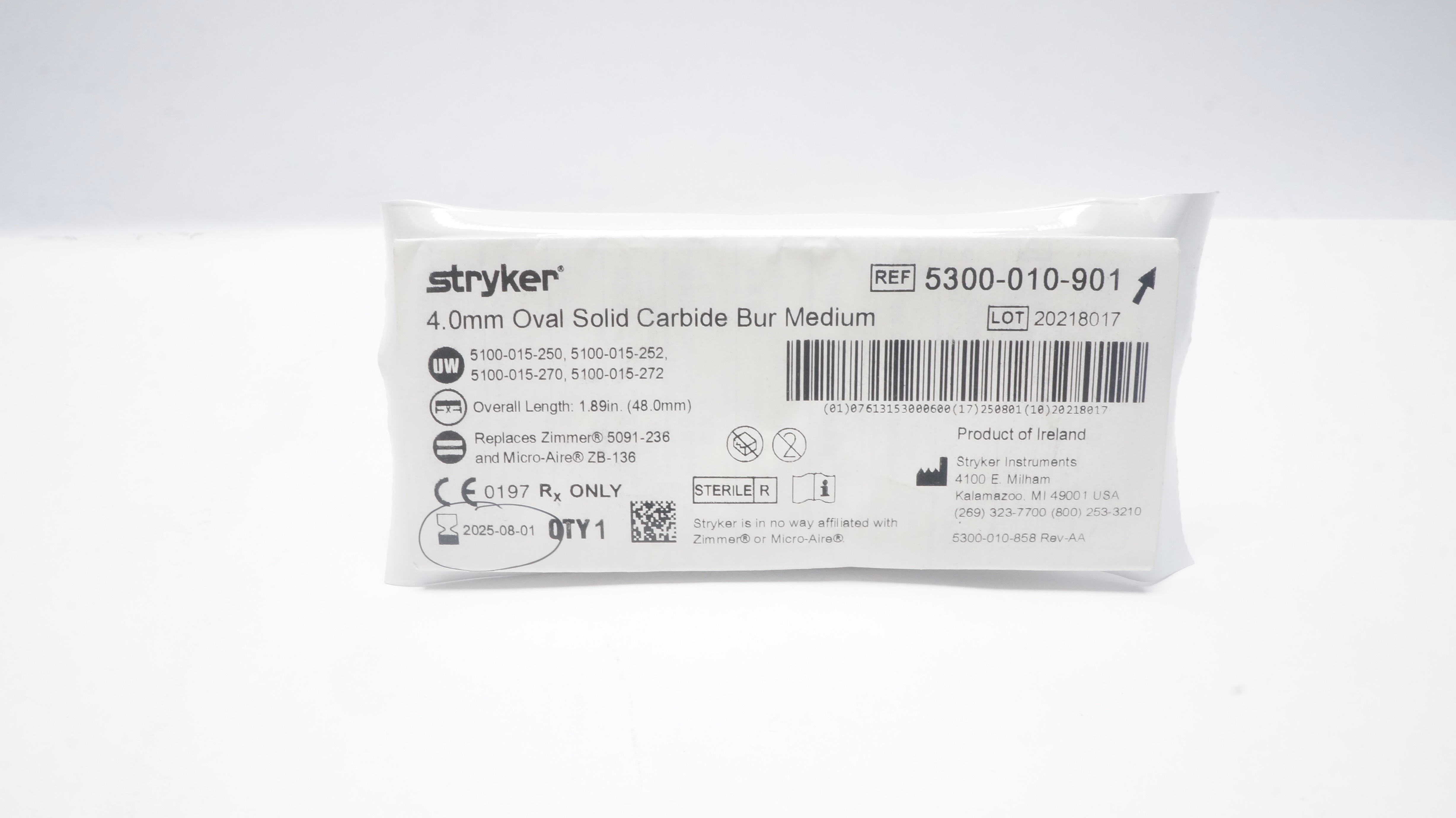 Stryker 5300-010-901 Oval Solid Carbide Bur, Medium 4.0mm x 1.89inch