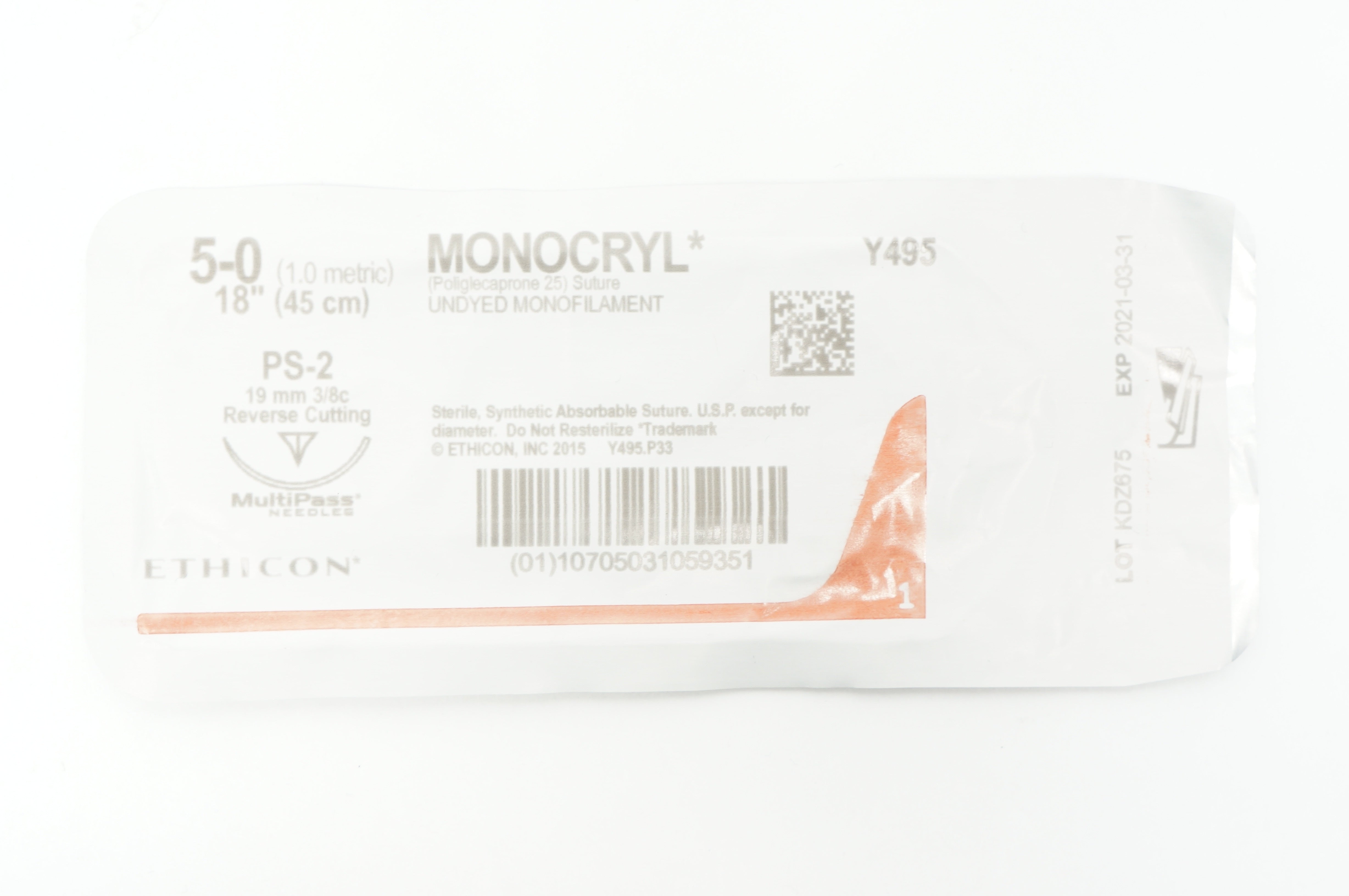 Ethicon Y495 5-0 MONOCRYL Undyed PS-2 19mm 3/8c Reverse Cutting, 18inch