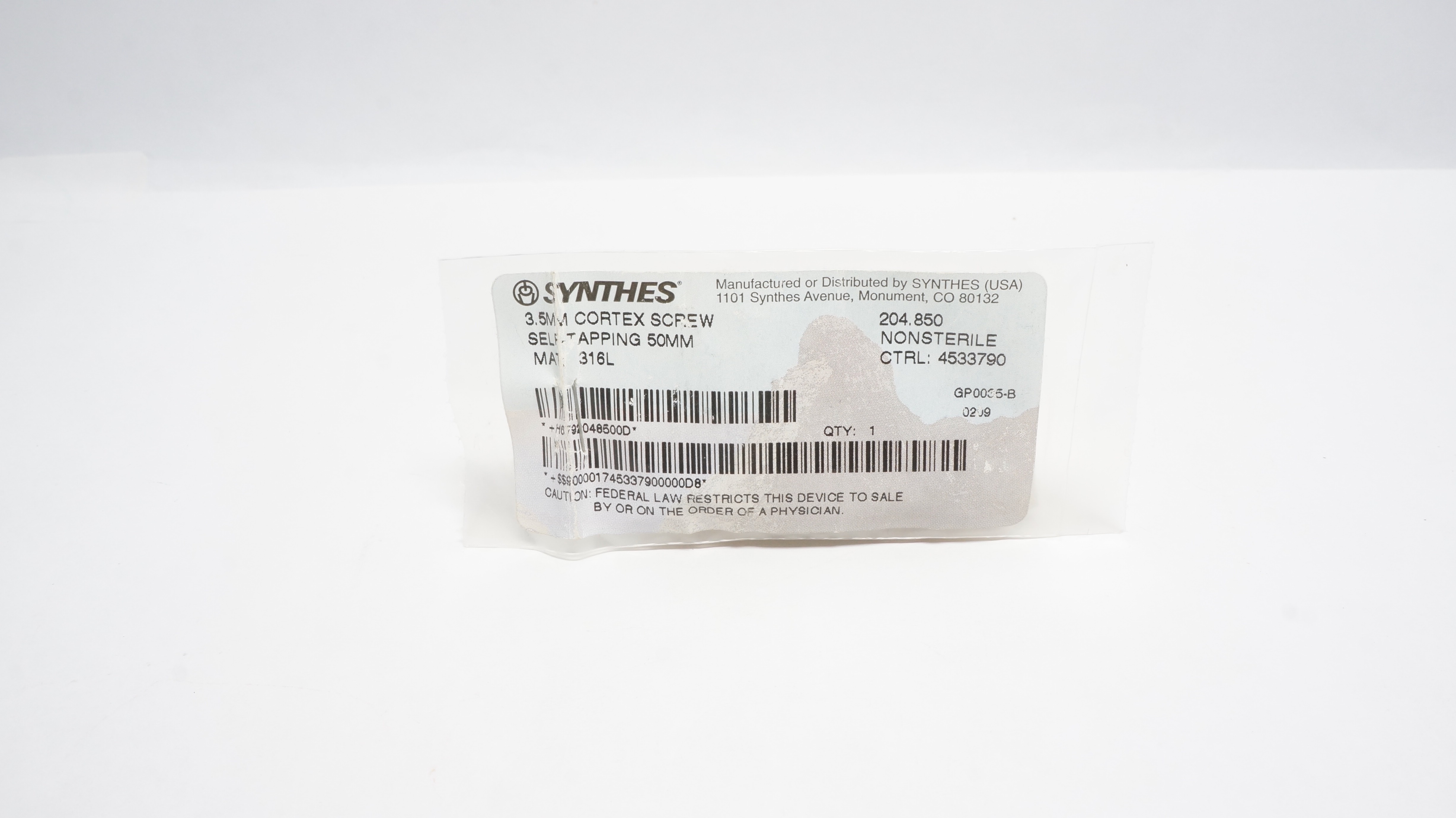 Synthes 204.850 3.5mm CORTEX SCREW SELF-TAPPING 50mm