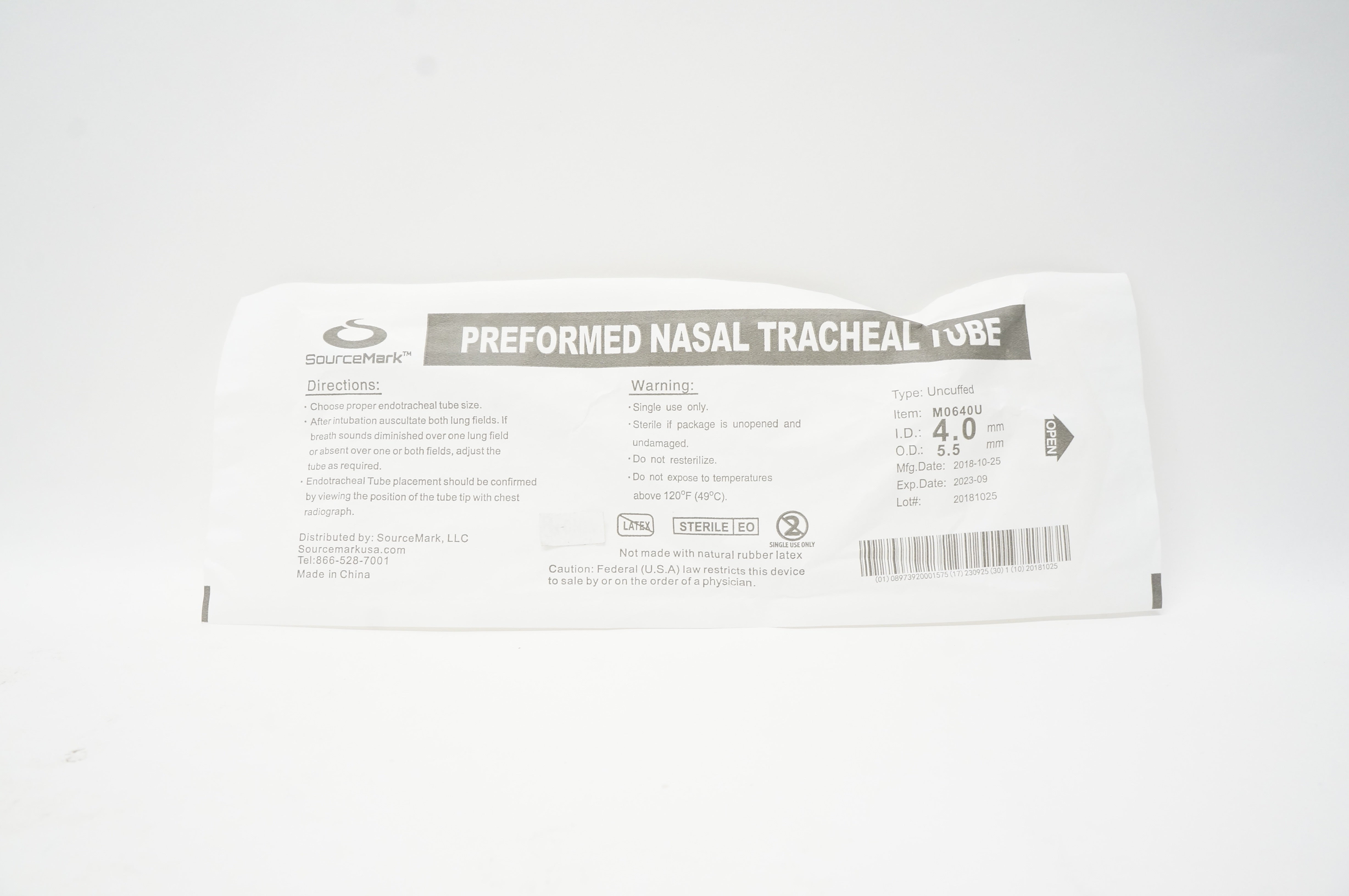 SourceMark M0640U Preformed Nasal Tracheal Tube 4.0mm x 5.5mm