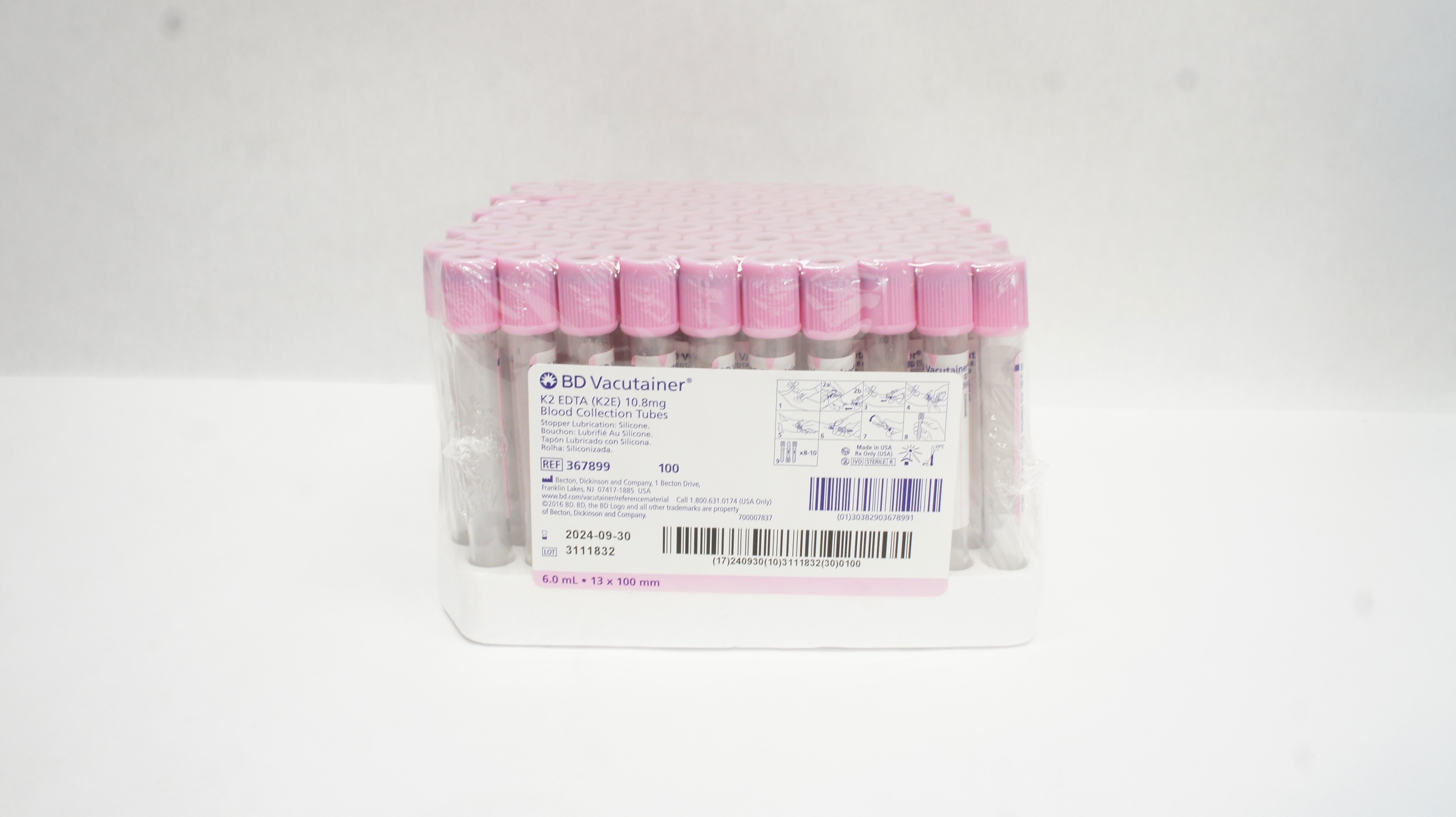 BD 367899 Vacutainer K2 EDTA Blood Collection Tubes 6.0mL 13x100mm - Box of 100