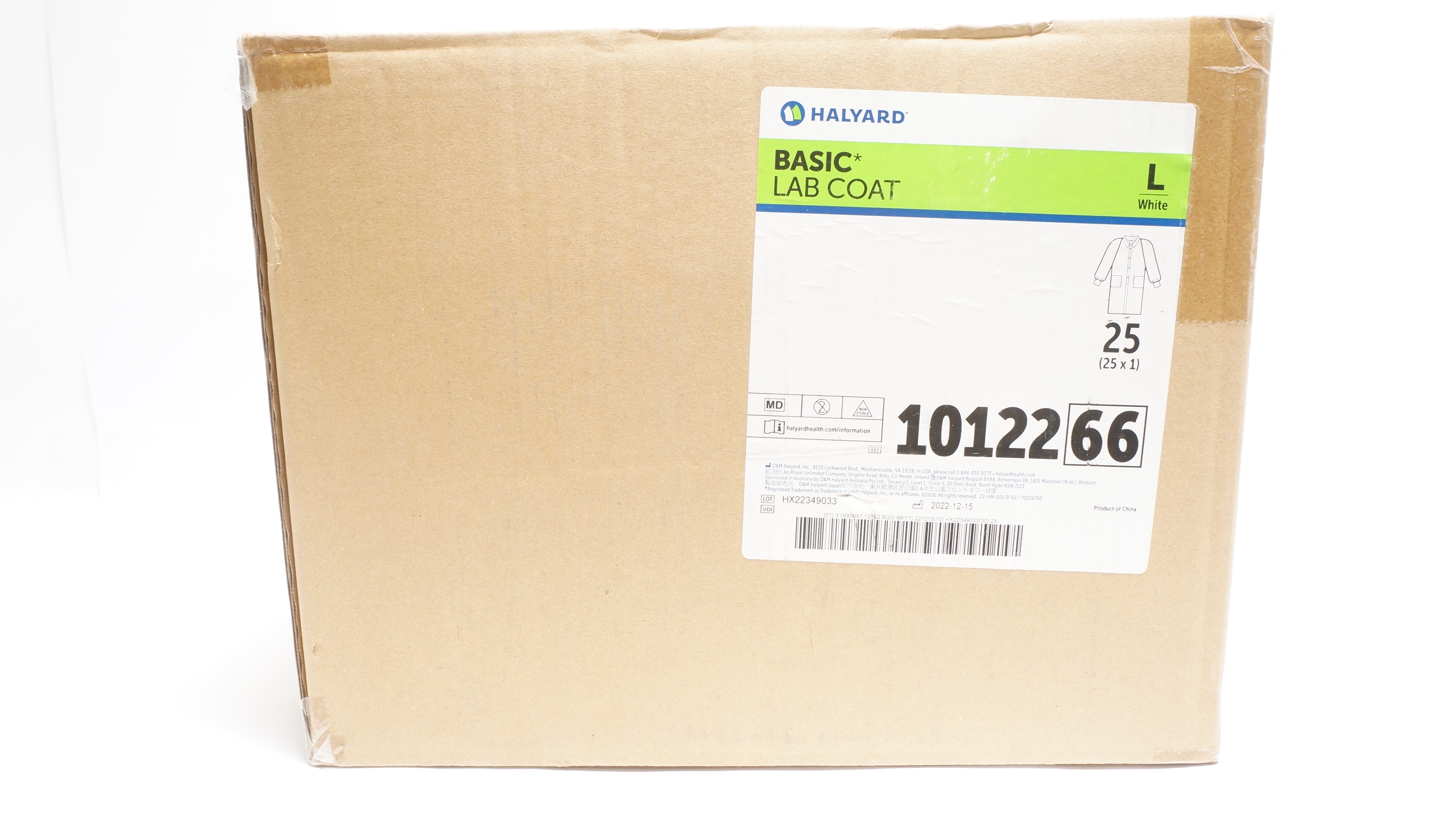 Halyard 10122 Basic LAB COAT, White, Size L - Box of 25