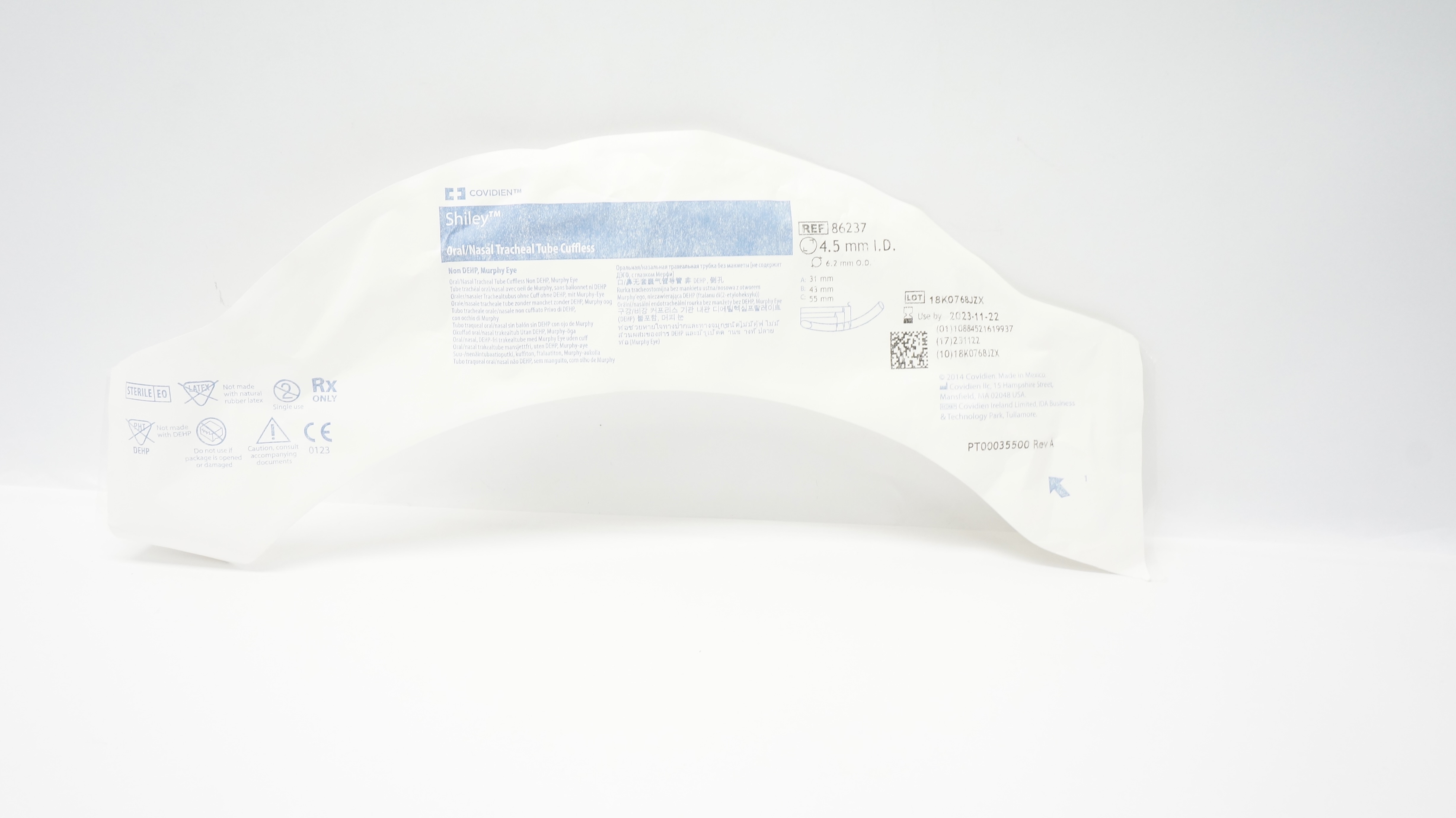 Covidien 86237 Shiley Oral/Nasal Tracheal Tube Cuffless 4.5mm ID x 6.2mm OD (x)