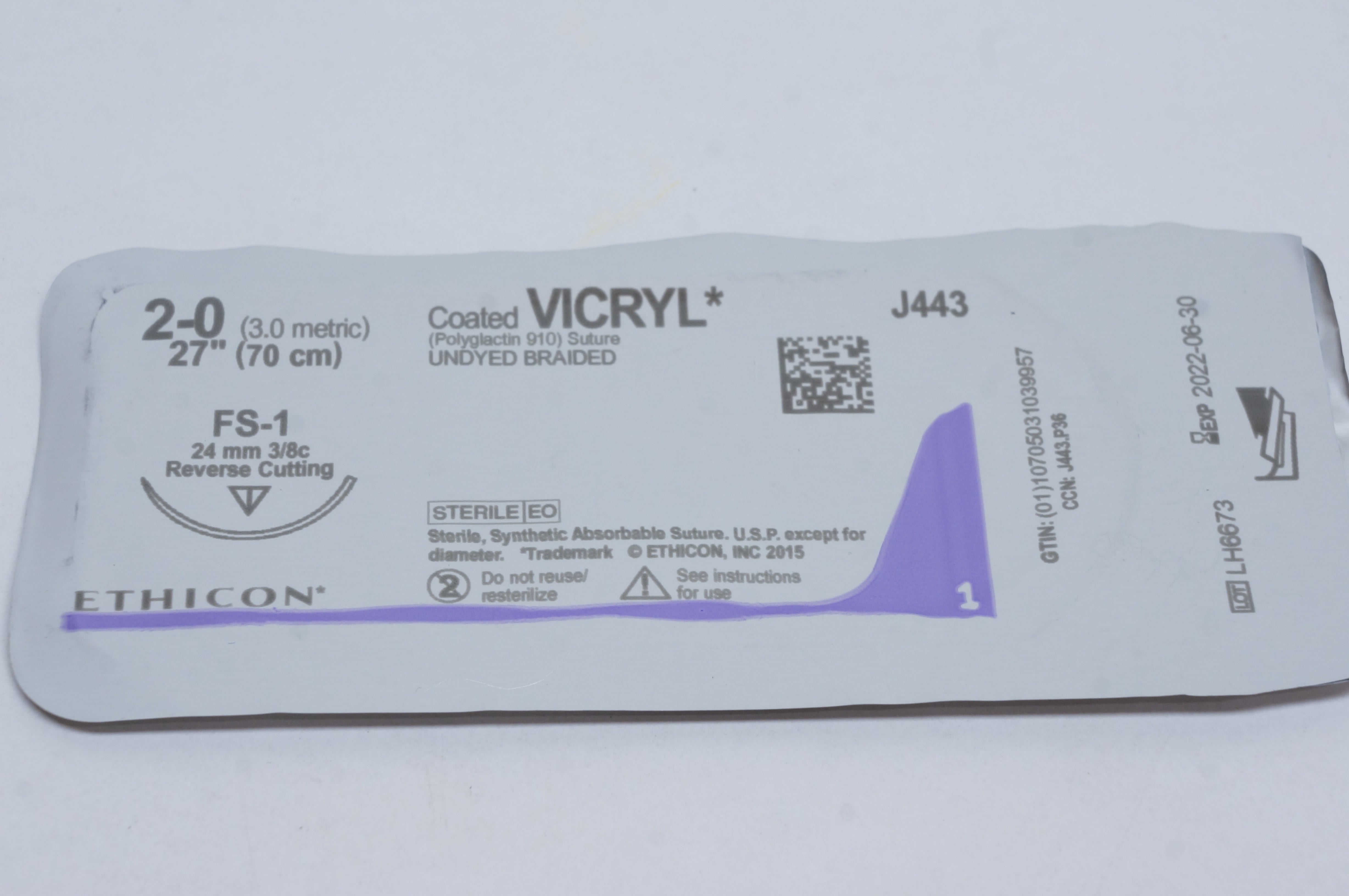 Ethicon J443 2-0 VICRYL Polyglactin Stre FS-1 24mm 3/8c Reverse Cutting, 27inch