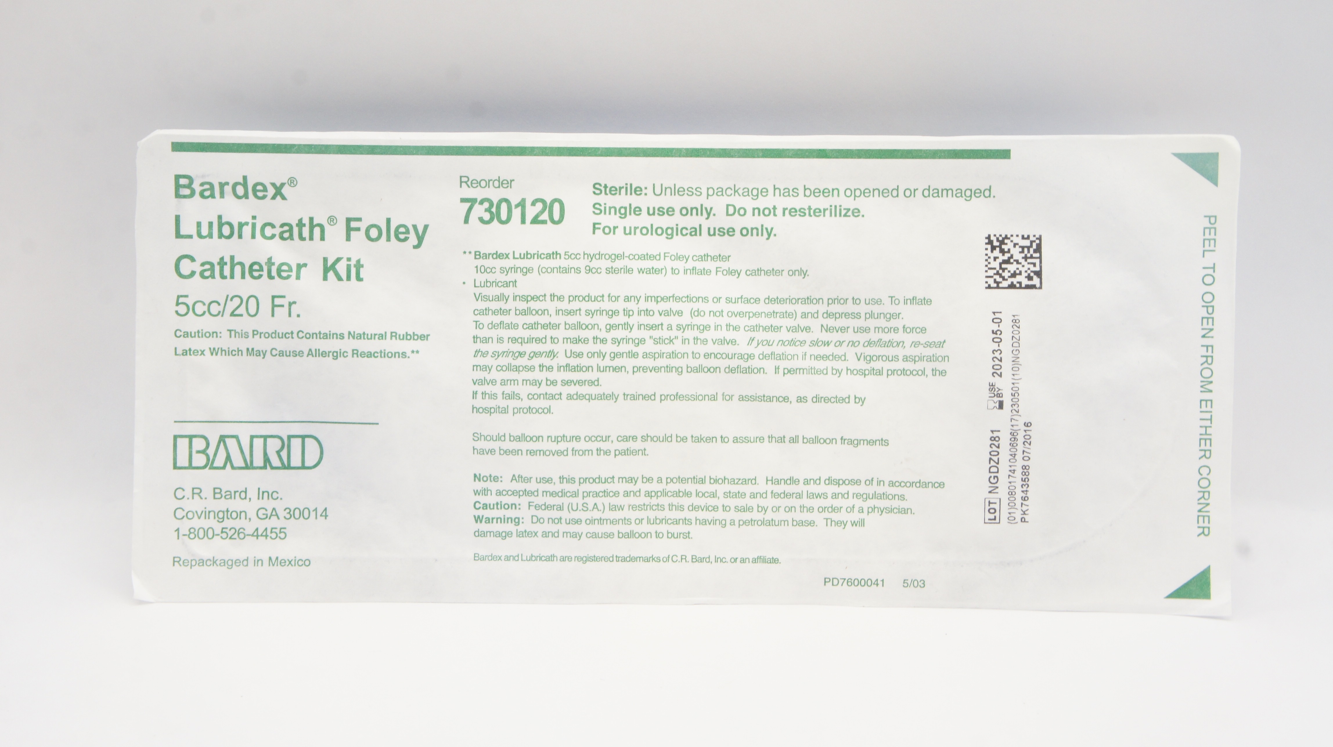 Bard 730120 Bardex Lubricath Foley Cath. Kit 20Fr /5cc