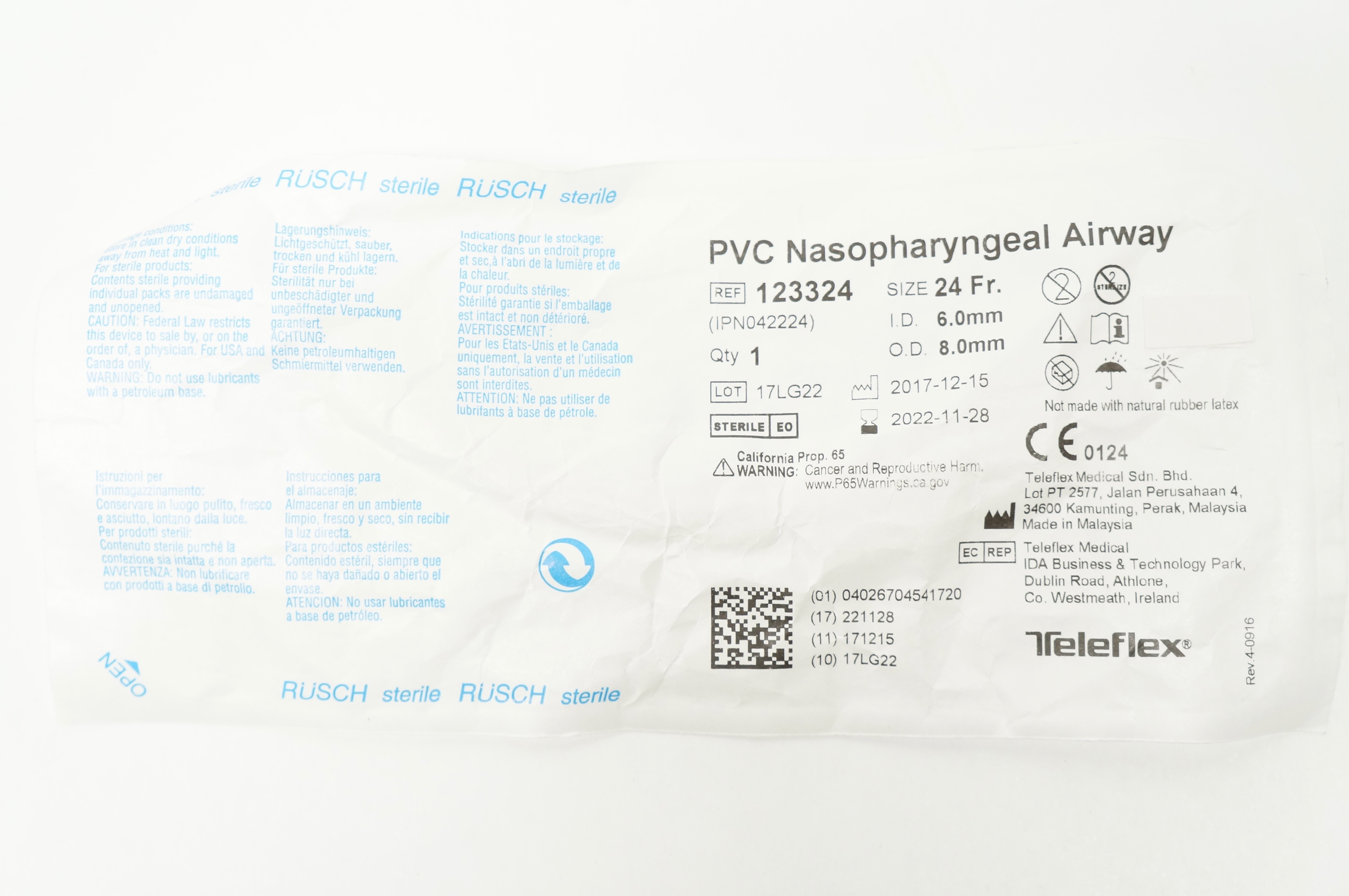 Teleflex 123324 Rusch PVC Nasopharyngeal Airway 24 Fr x 6.0mm ID x 8.0mm OD (x)