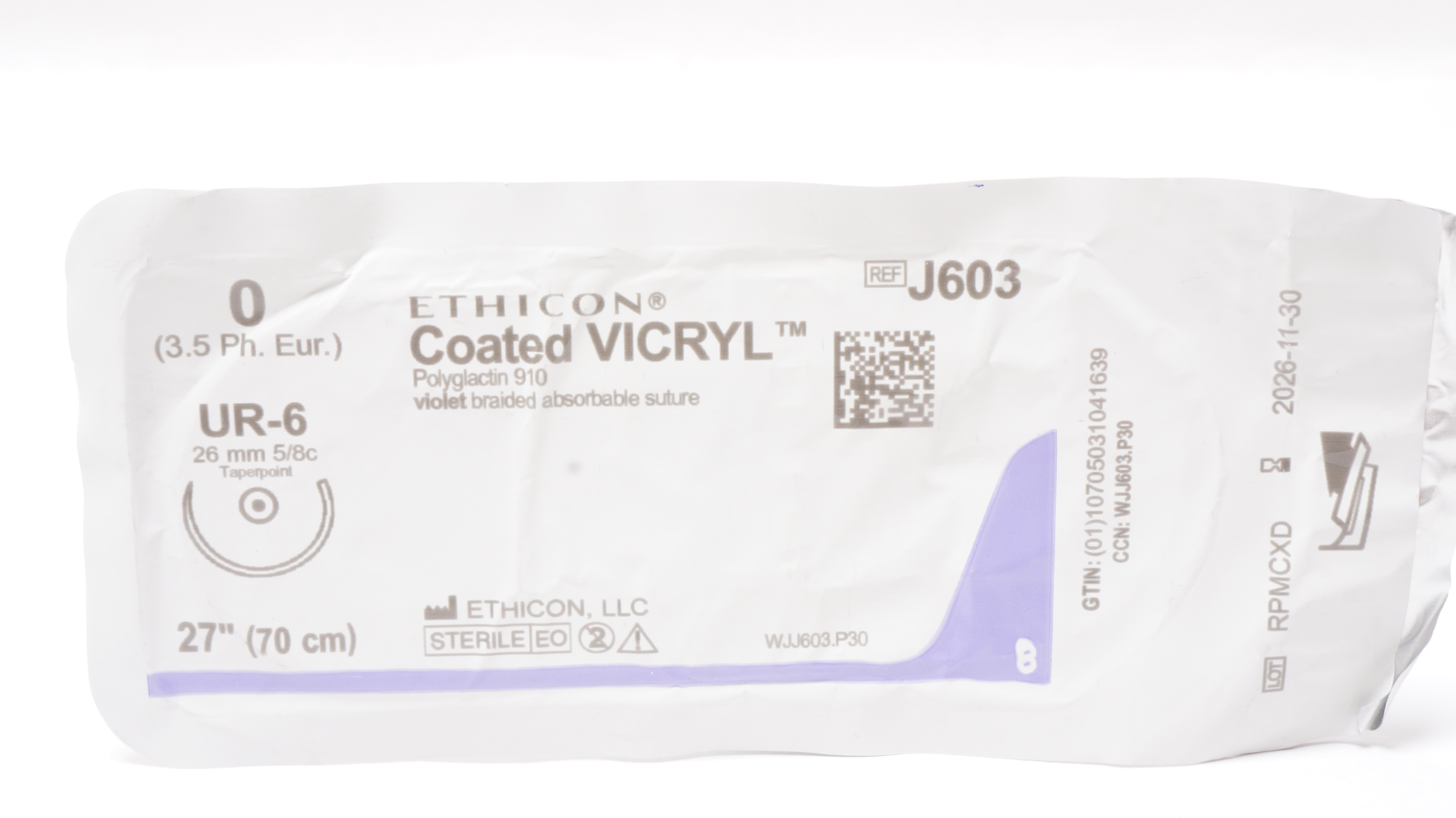Ethicon J603 0 Coated VICRYL Polyglactin Stre UR-6 26mm 5/8c Taperpoint, 27inch
