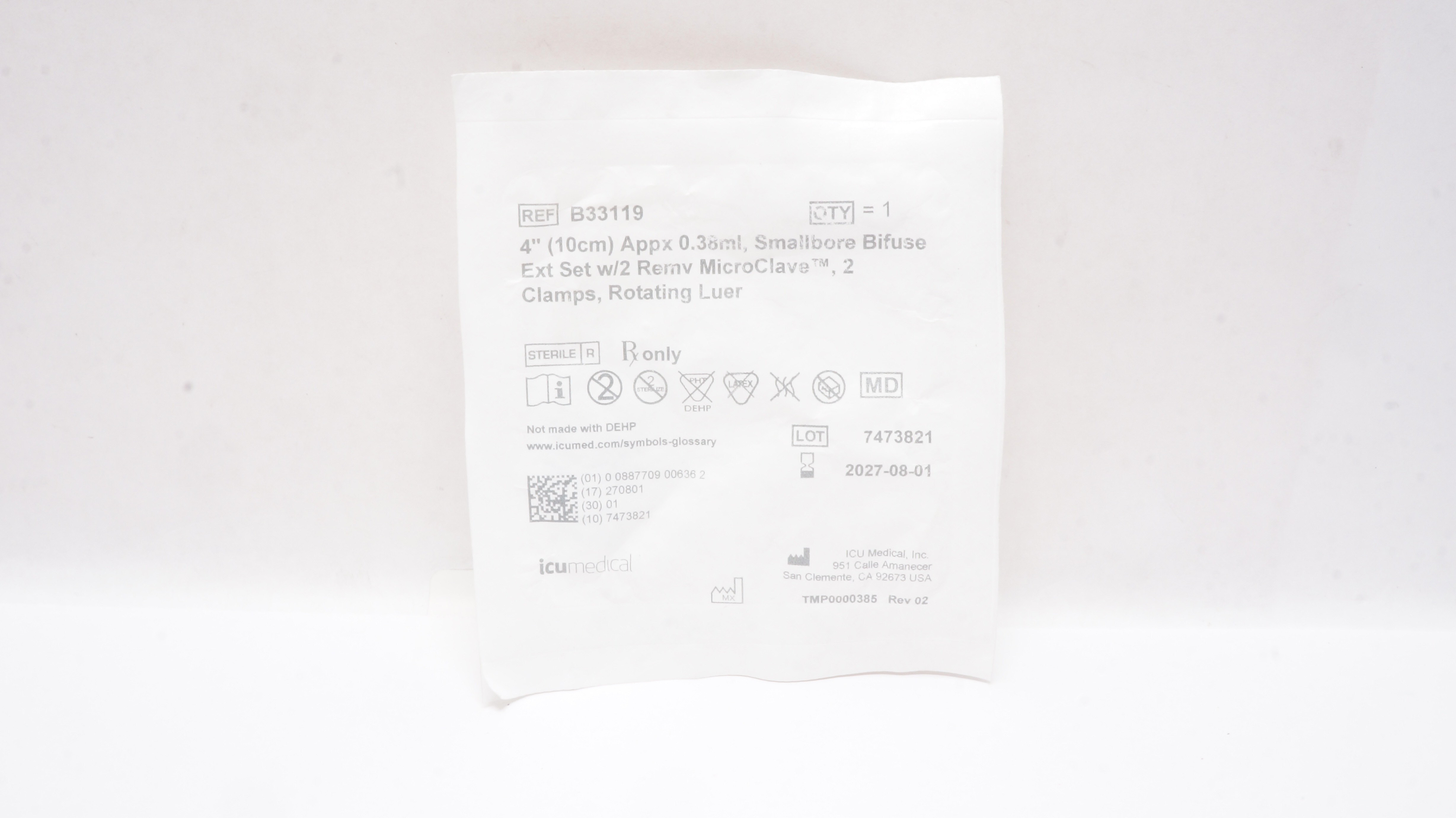 ICU Medical B33119 4inch Appx. 0.38ml Smallbore Bifuse Extension Set
