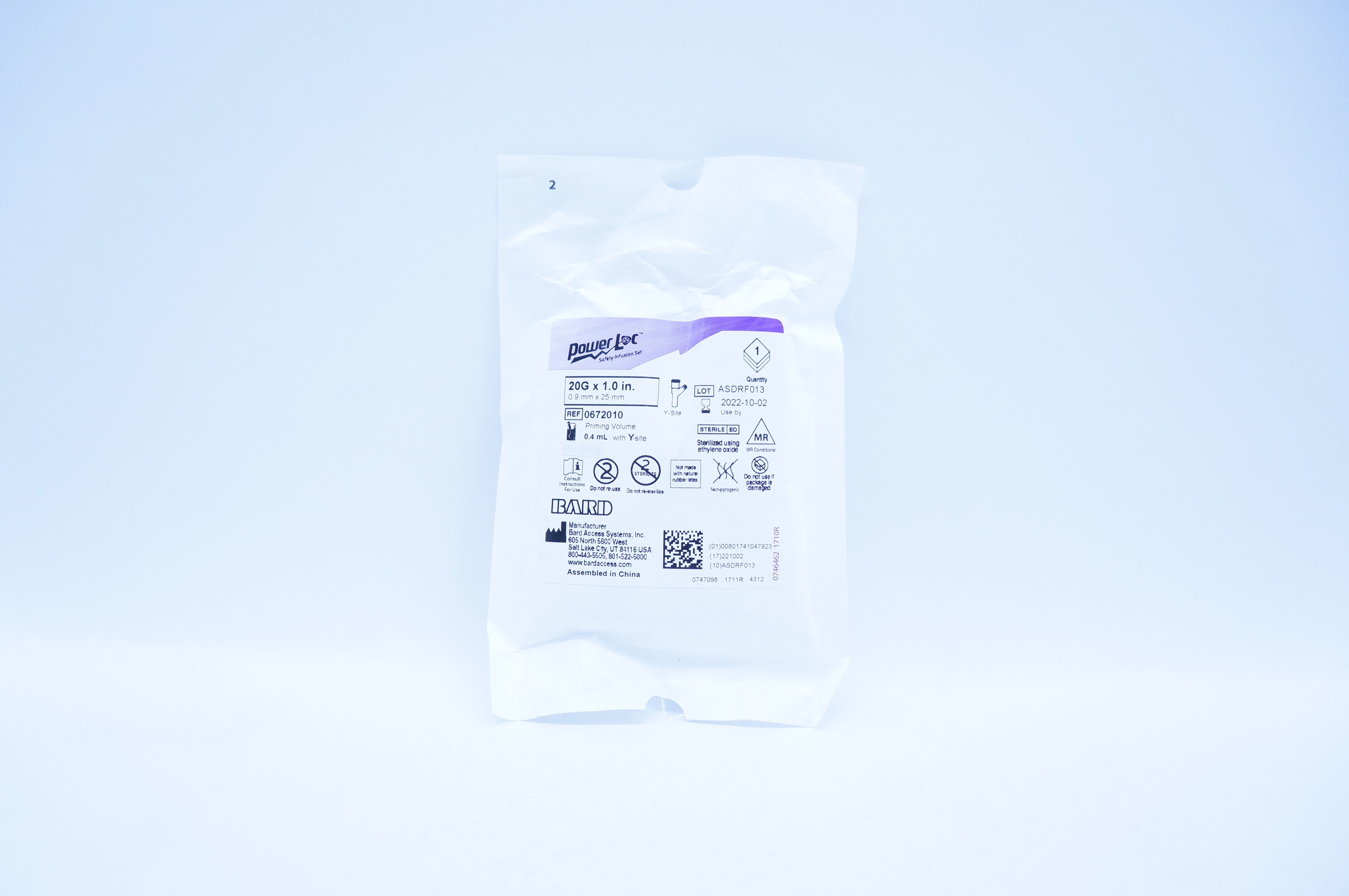 Bard 0672010 Power Loc Safety Infusion Set 20G x 1.0inch Priming Volume 0.5mL(x)