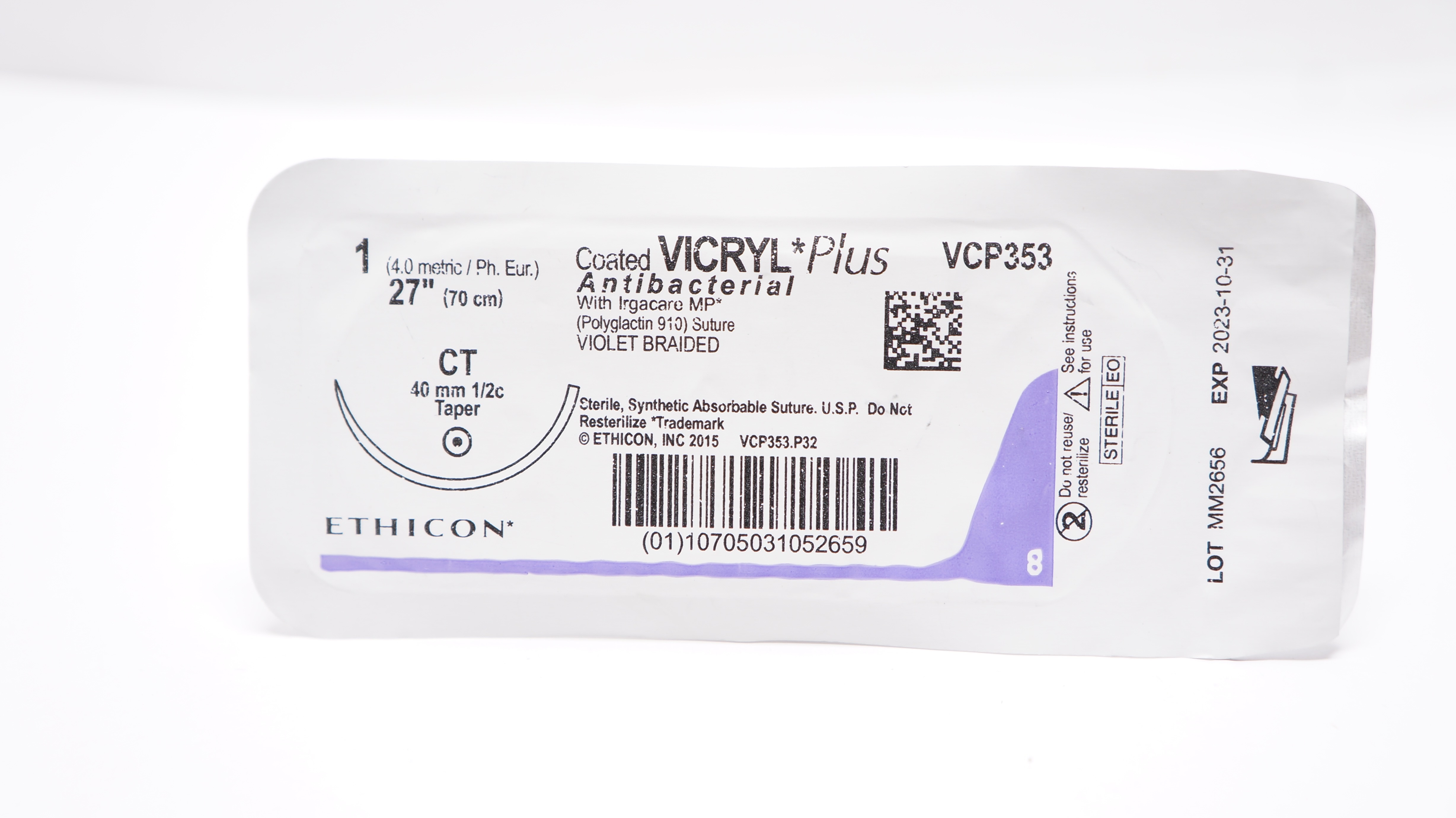 Ethicon VCP353 1 Coated VICRYL Plus, CT,  40mm 1/2c Taper,  27inch (x)