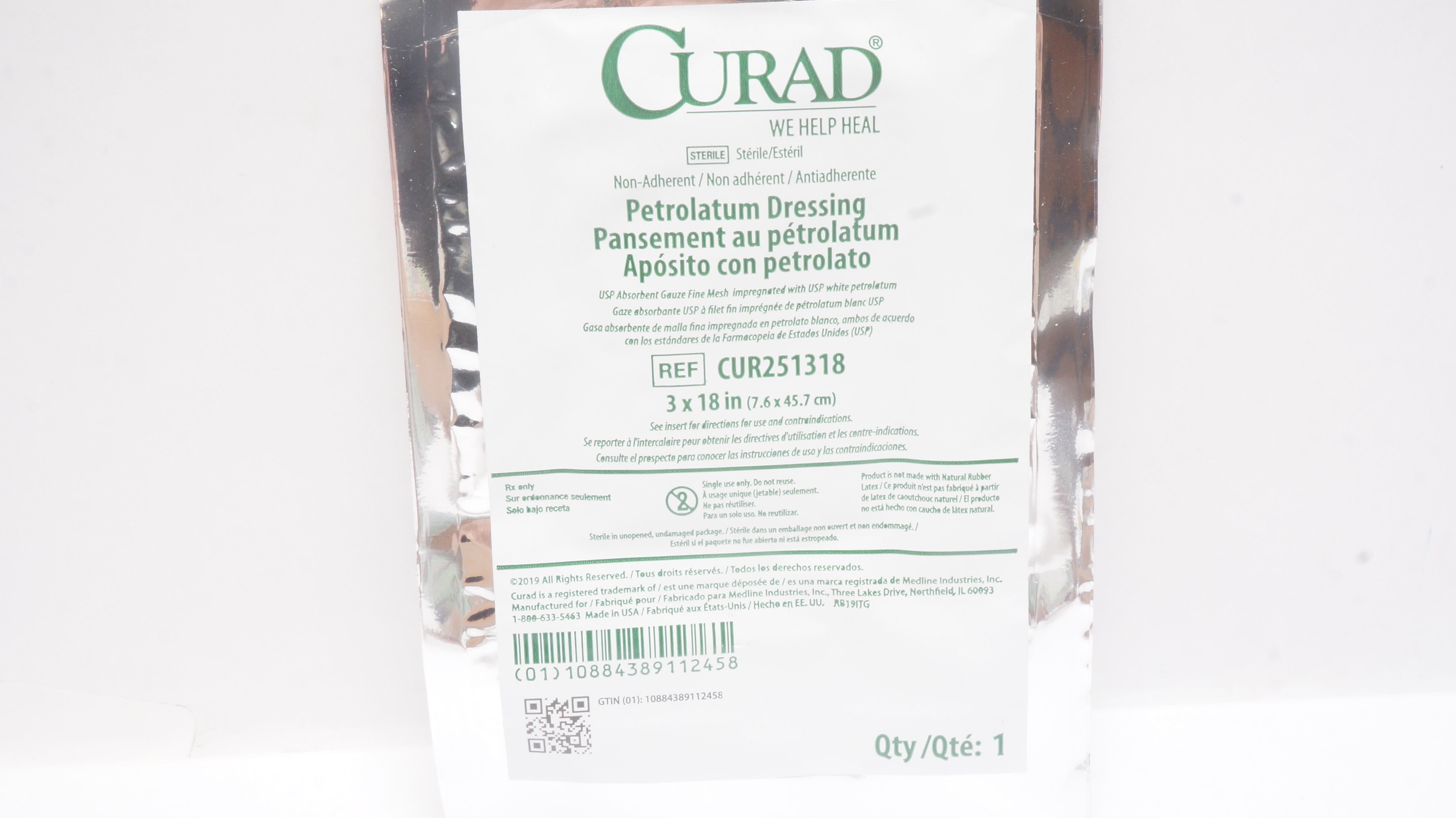 Medline CUR251318 Curad Non-Adherent Petrolatum Dressing 3inch x 18inch (x)