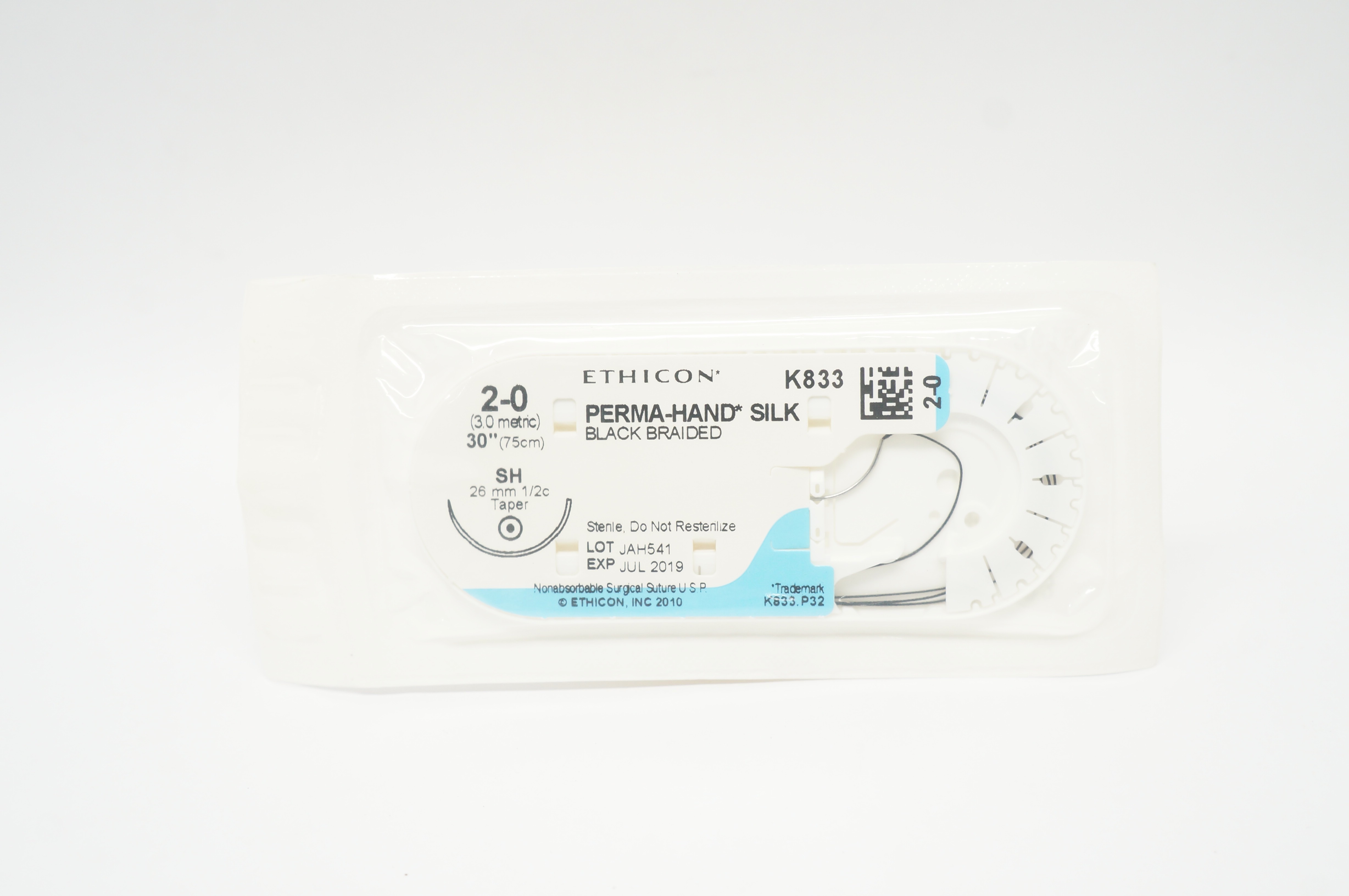 Ethicon K833 2-0 PERMA-HAND SILK Stre SH 26mm 1/2c Taper, 30inch (x)