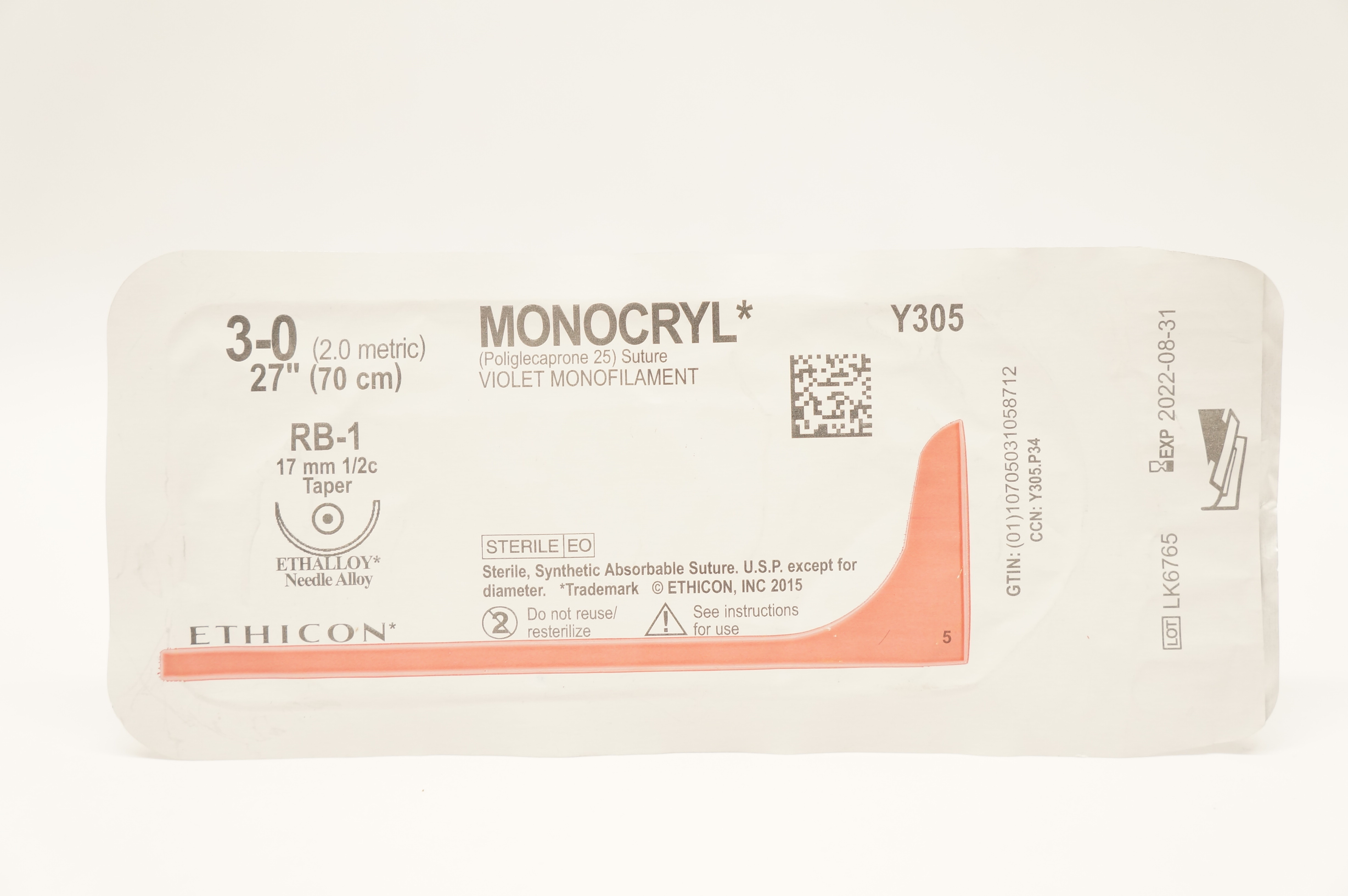 Ethicon Y305 3-0 MONOCRYL Poliglecaprone 25 Stre RB-1 17mm 1/2c Taper 27inch