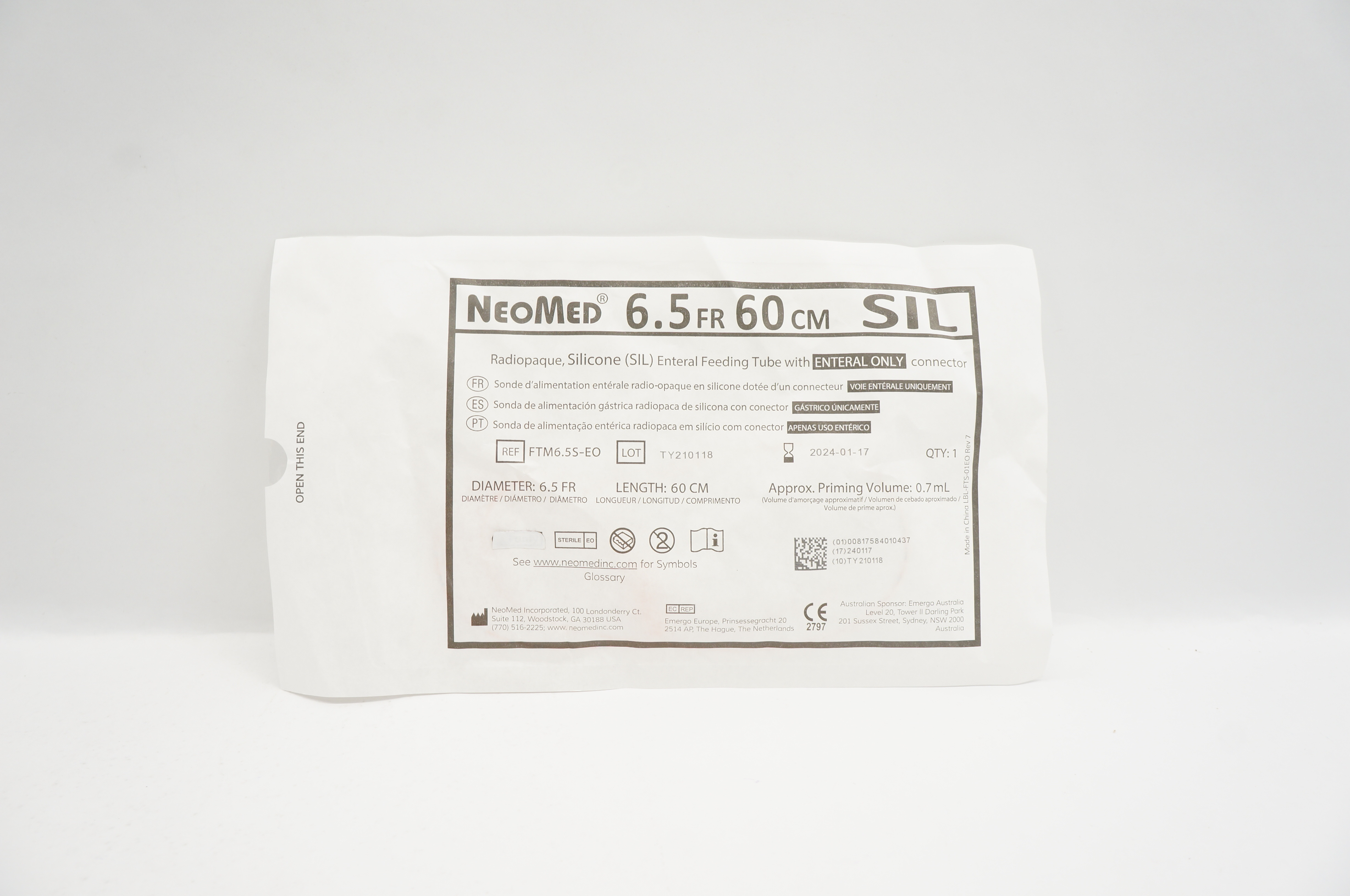 NeoMed FTM6.5S-EO Radiopaque SIL Enteral Feeding Tube 6.5.0Fr. x 60cm