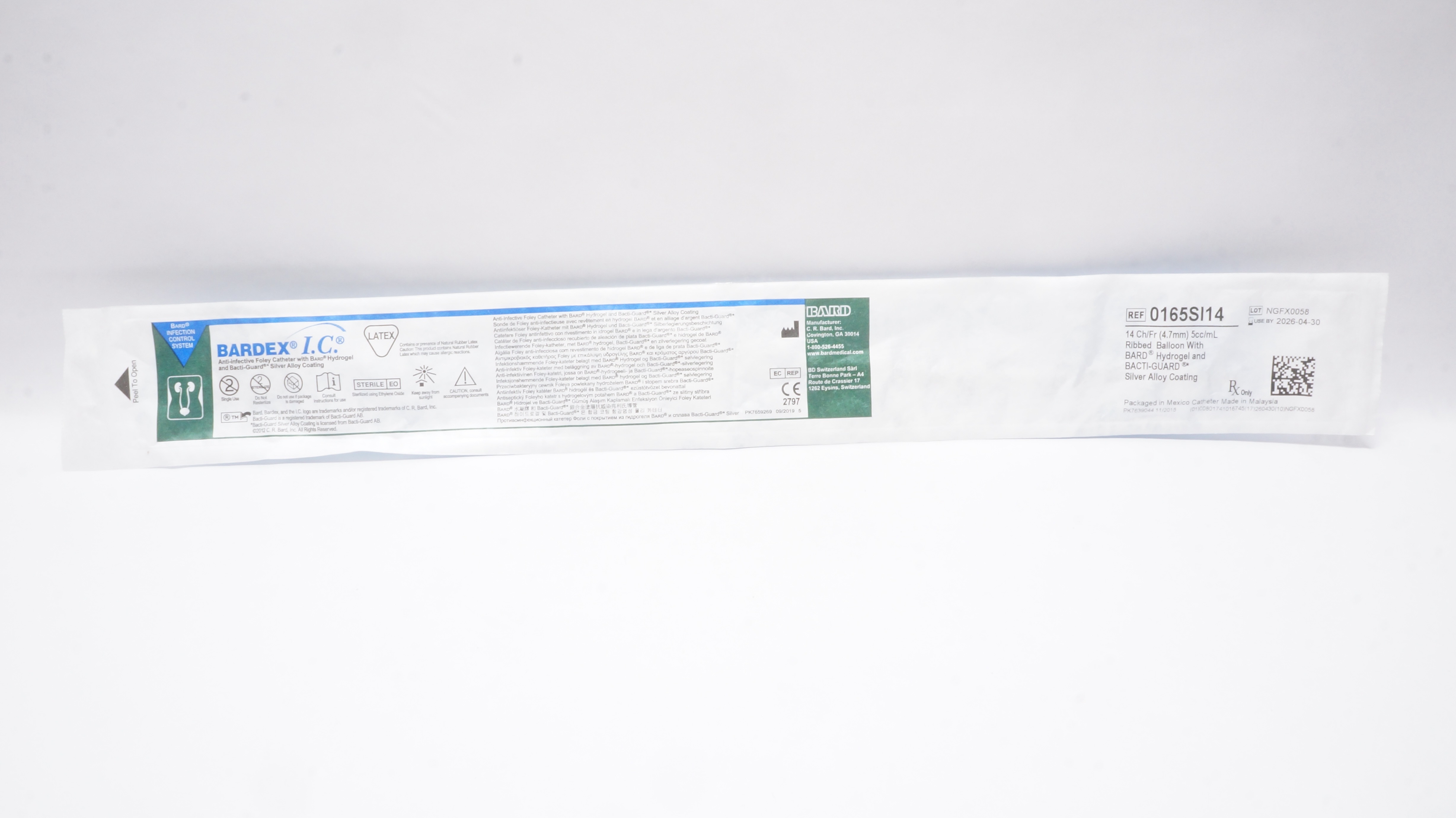 Bard 0165SI14 Bardex Anti-Infective Foley Cath. 14Fr. 5cc/mL Ribbed Balloon