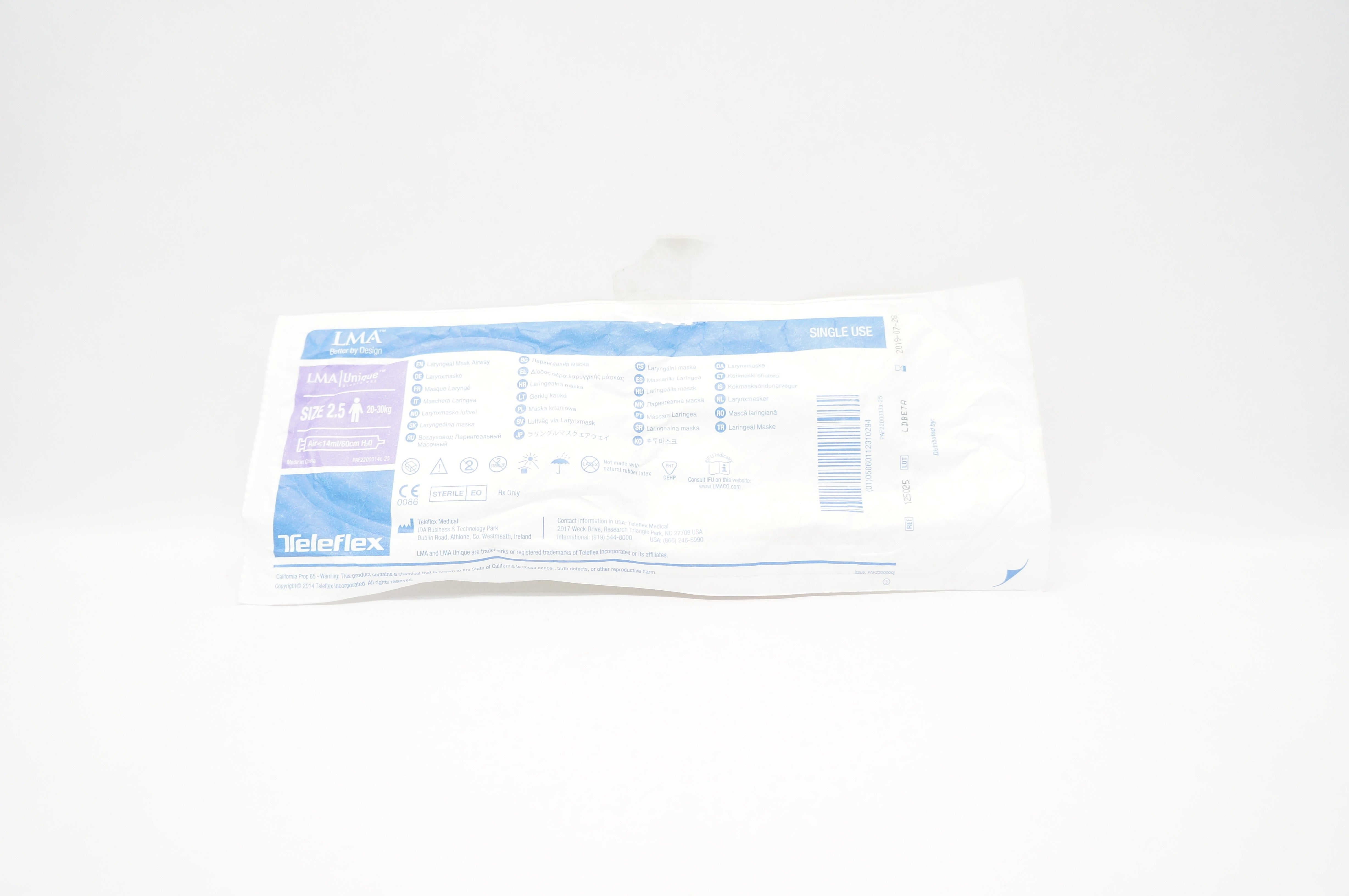 Teleflex 125025 LMA Unique Laryngeal Mask Airway, Size 2.5, 20 - 30 kg (x)