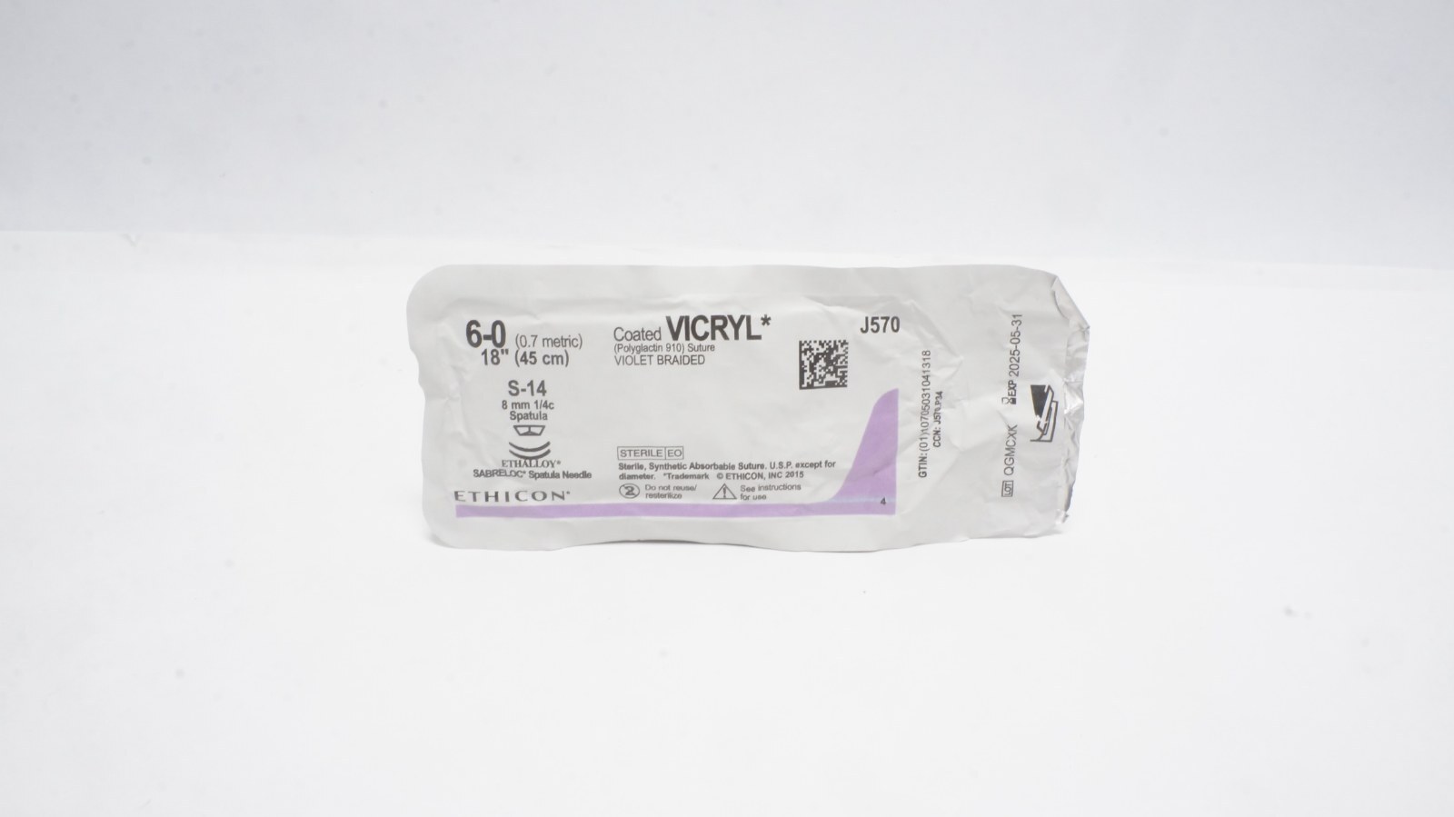 ETHICON J570 Coated VICRYL Suture 6-0 18" Violet