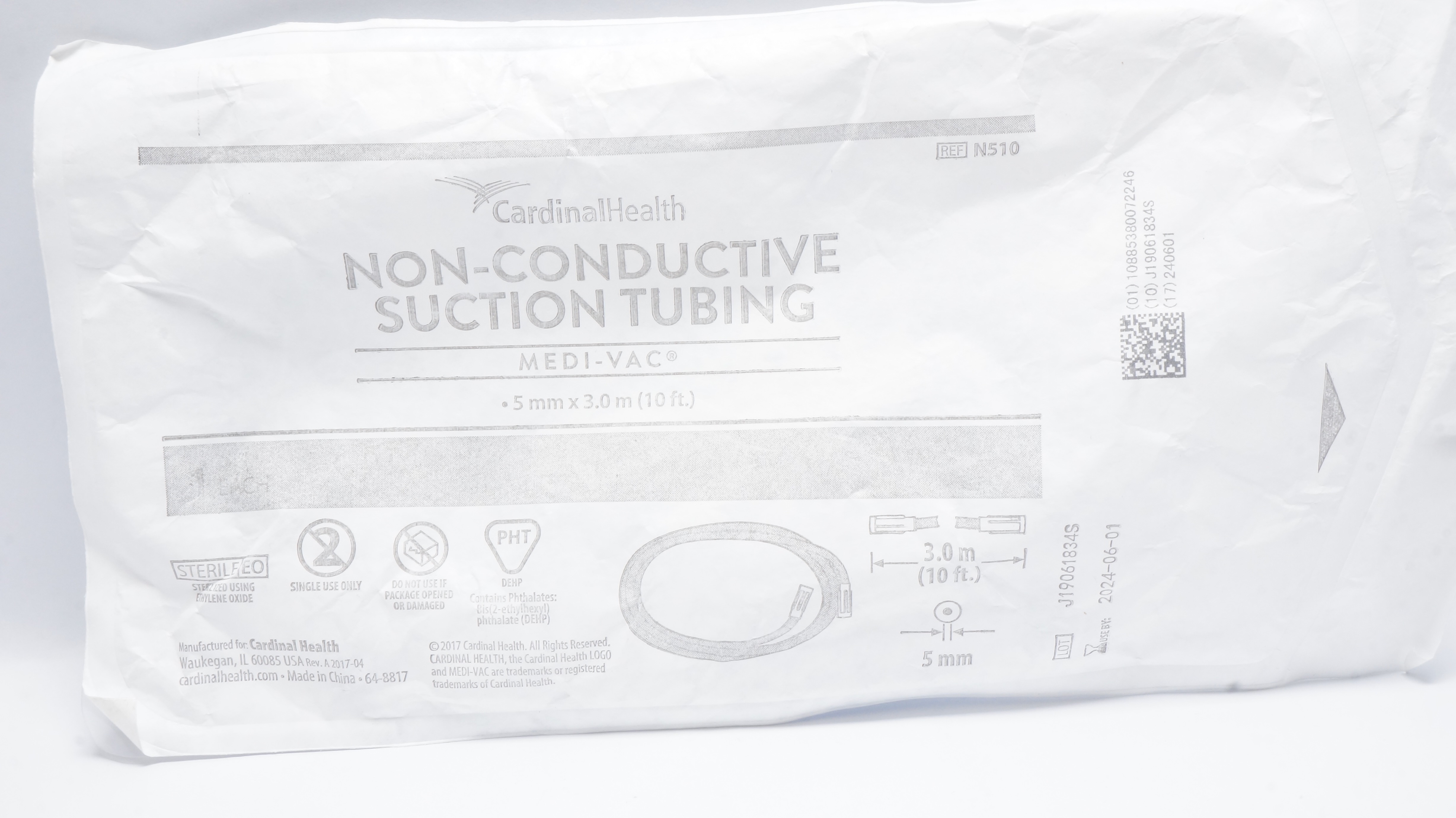 Cardinal Health N510 Medi-Vac Non-Conductive Suction Tubing 5mm x 10ft. (x)