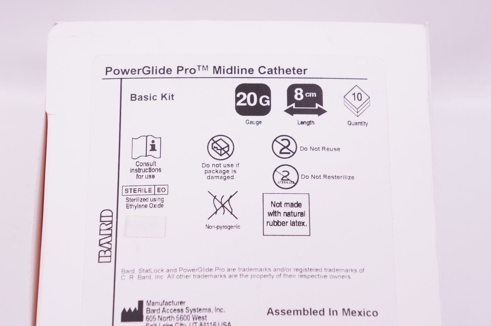 Bard F120080 Power Glide Pro Midline Cath. 20G x 8cm - Box of 10