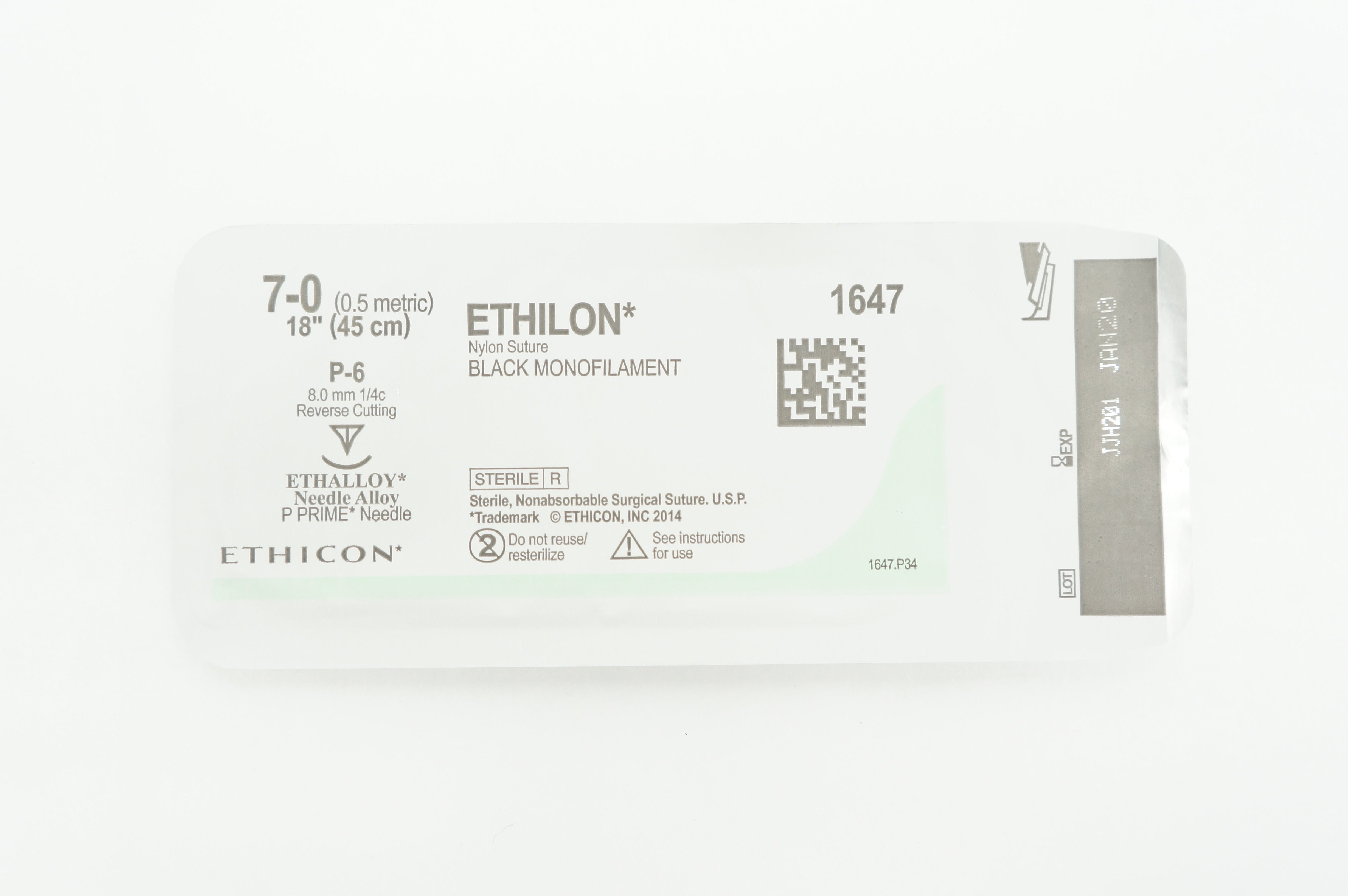 Ethicon 1647 7-0 ETHILON, P-6, 8mm 1/4c Reverse Cutting, 18inch (x)