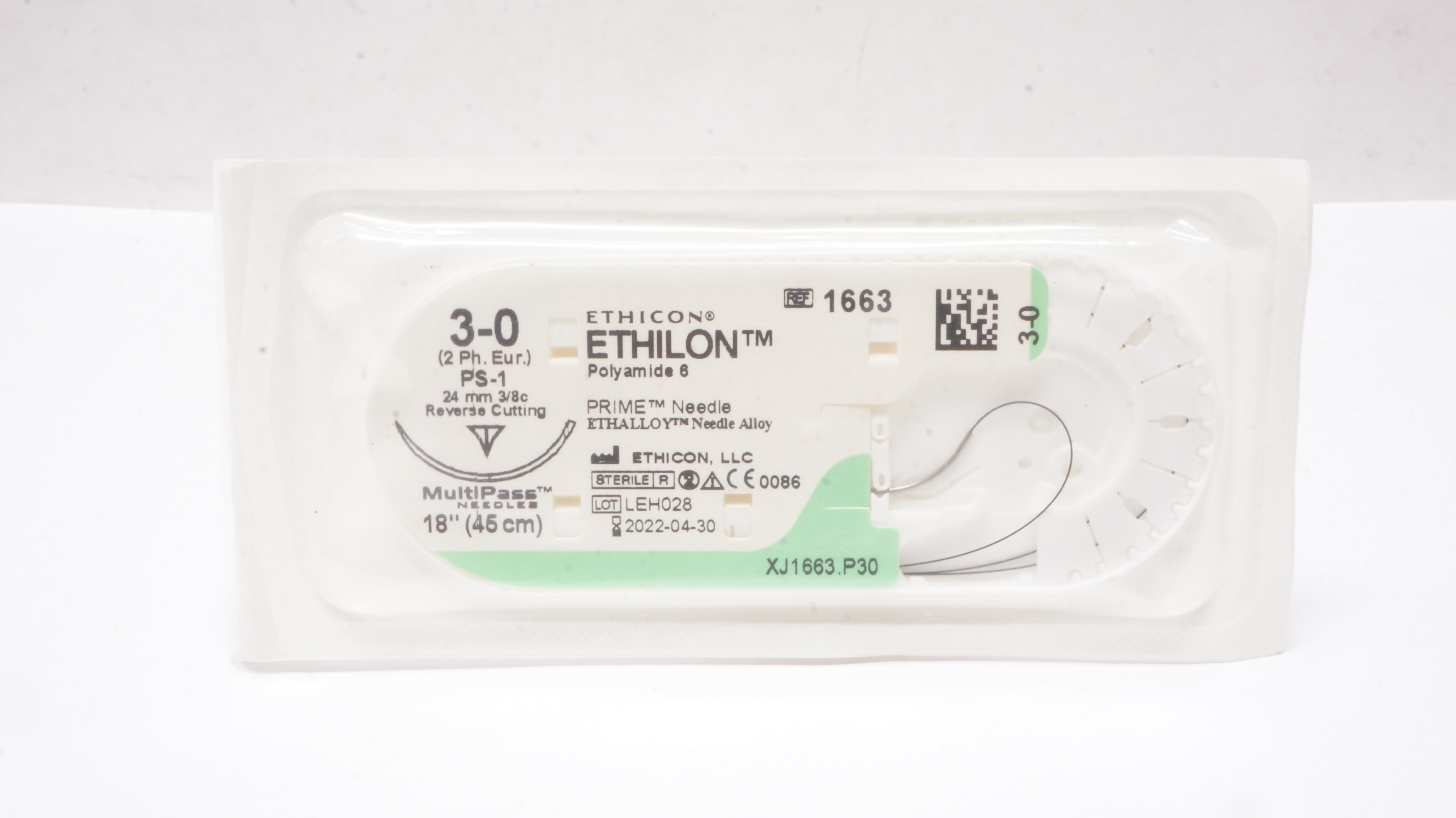 Ethicon 1663 3-0 Ethilon Polyamide 6 Stre PS-1 24mm 3/8c Reverse Cutting 18In(x)