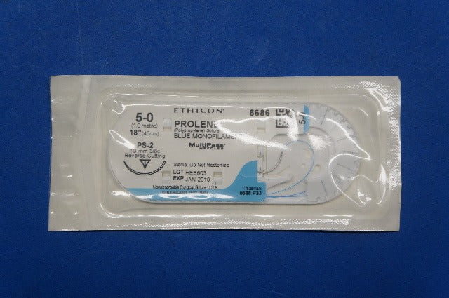 Ethicon 8686 5-0 PROLENE, PS-2 19mm 3/8c Reverse Cutting, Blue Monofilament, 18