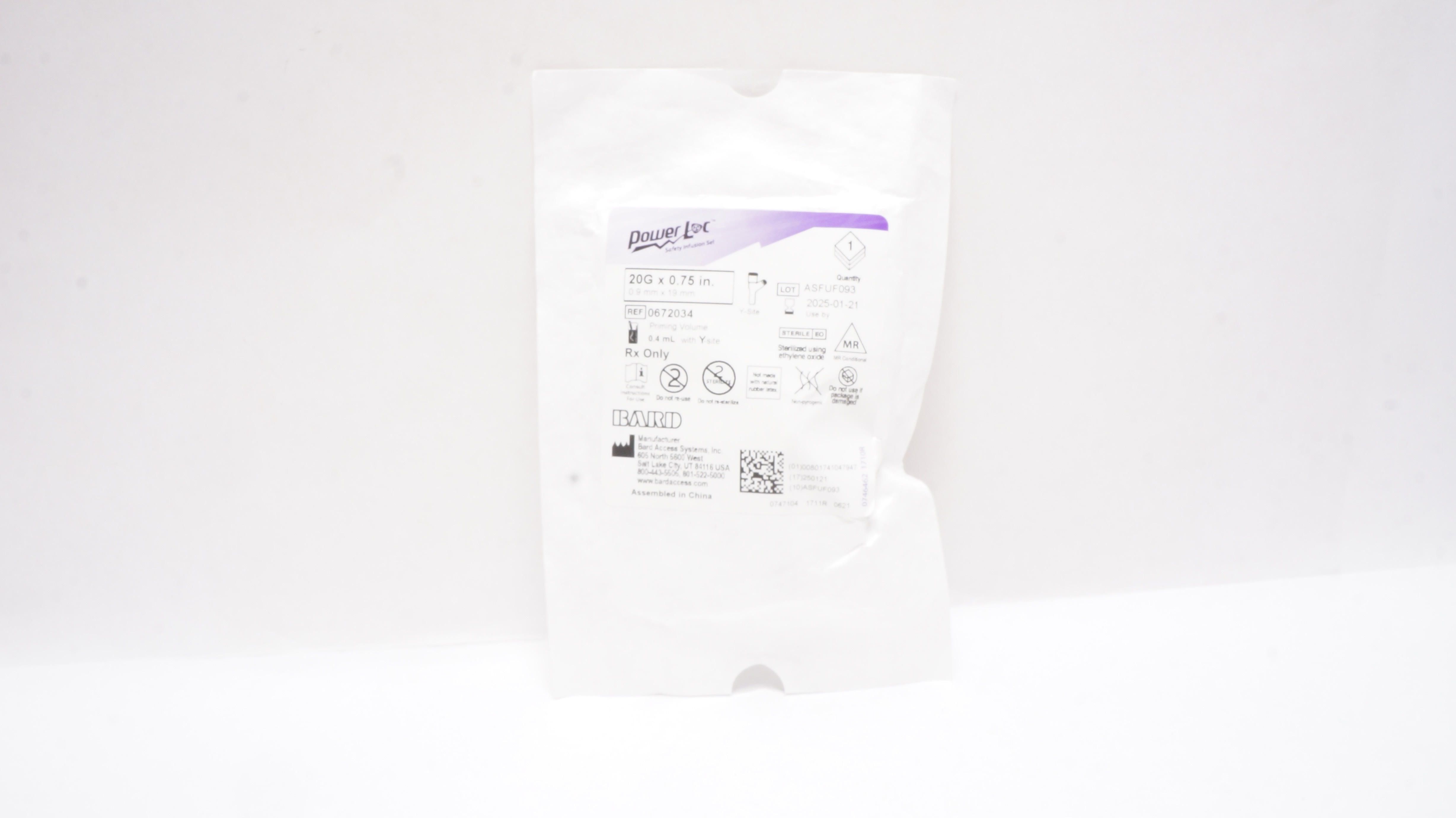 Bard 0672034 Power Loc Safety Infusion Set 20G x 0.75 inch Priming Volume 0.4 mL