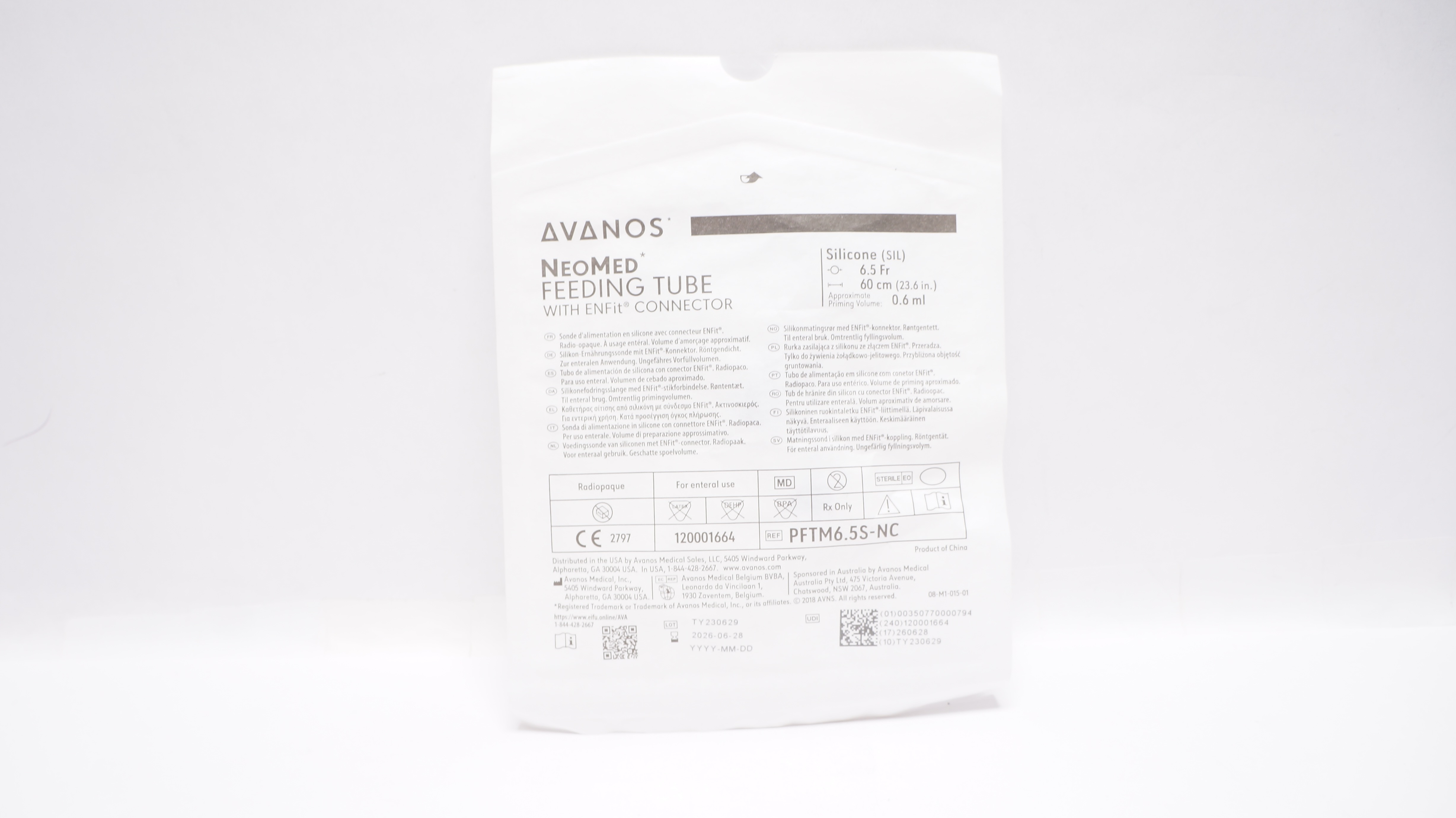 Avanos PFTM6.5S-NC NeoMed Feeding Tube w/ENFit Connector 6.5Fr x 23.6inch 0.6ml