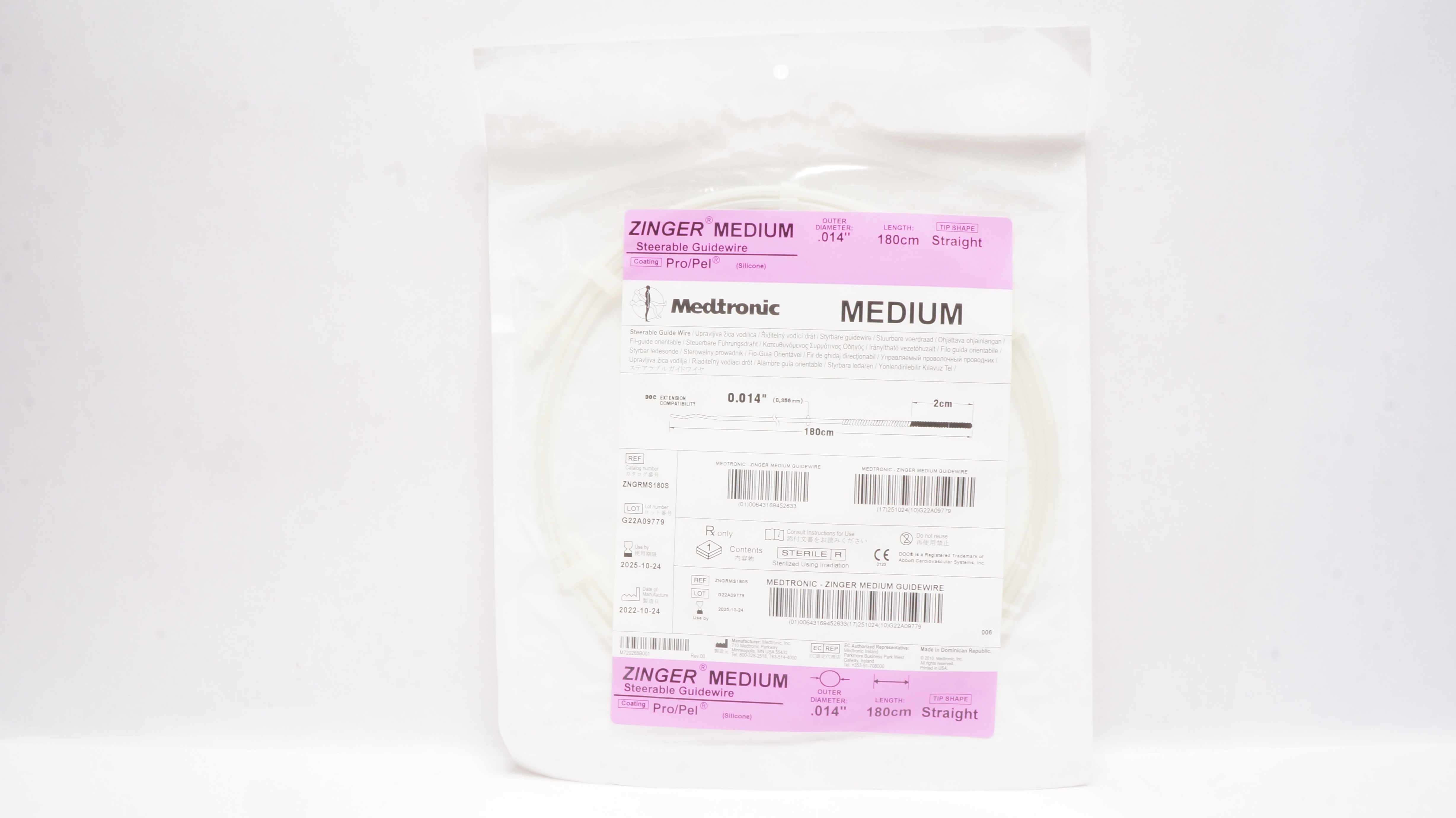 Medtronic ZNGRMS180S Zinger Medium Steerable Guidewire Pro/Pel 0.014in.x 180cm
