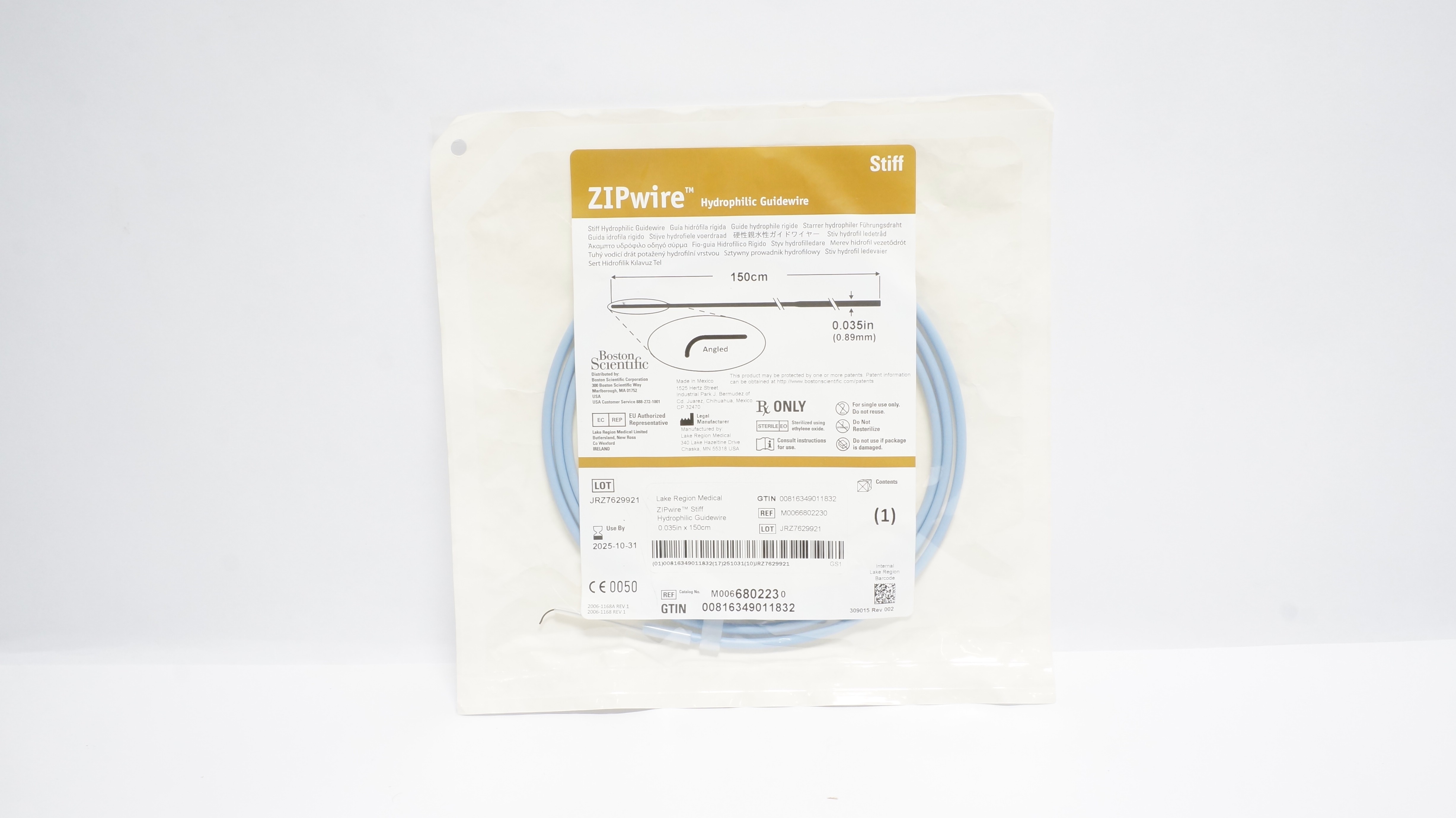 Boston Scientific 680223 ZIPwire Hydrophilic Guidewire Stiff,  0.035in x150cm(x)